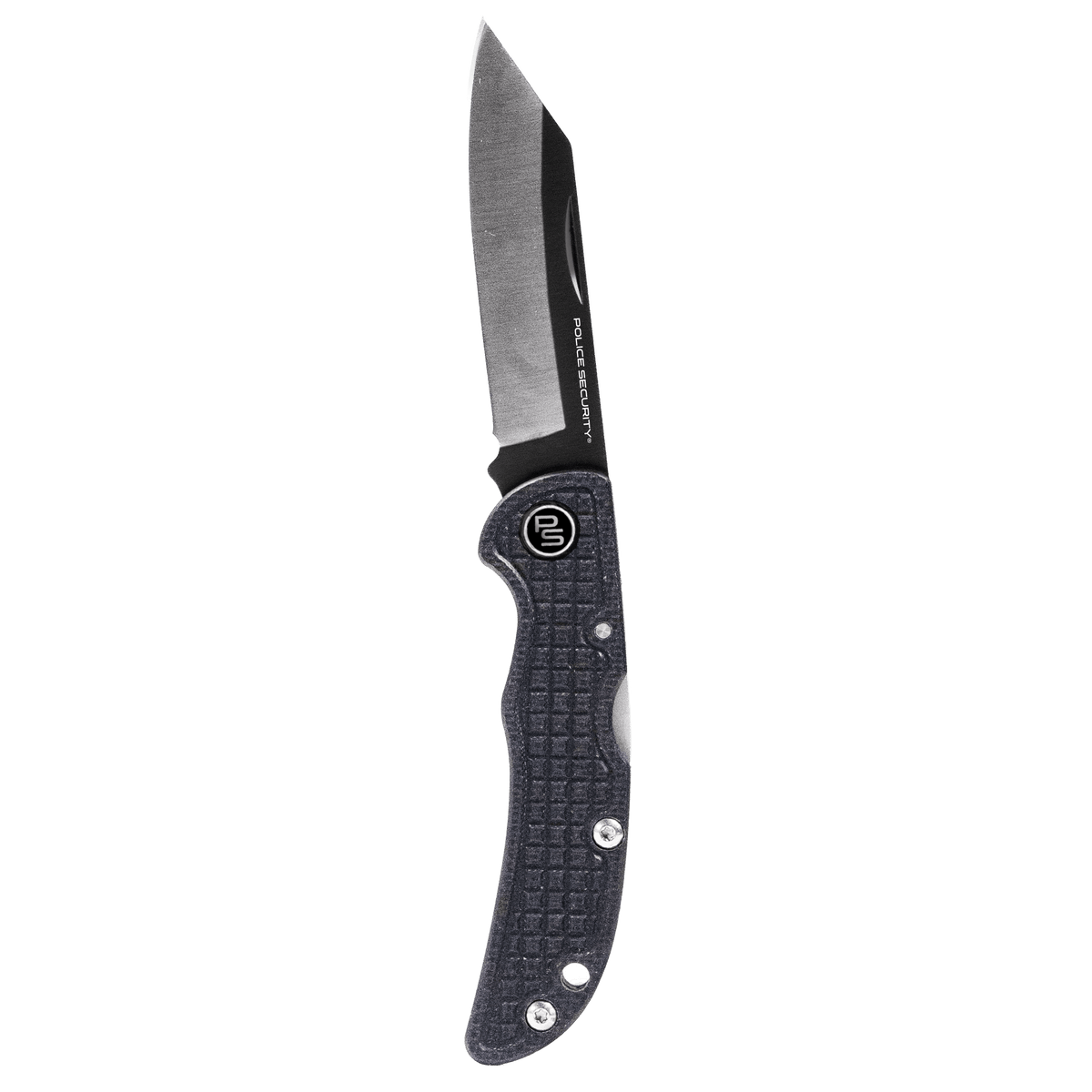 Ranger folding pocket knife with black G10 handle and black and silver steel blade, as viewed from the side