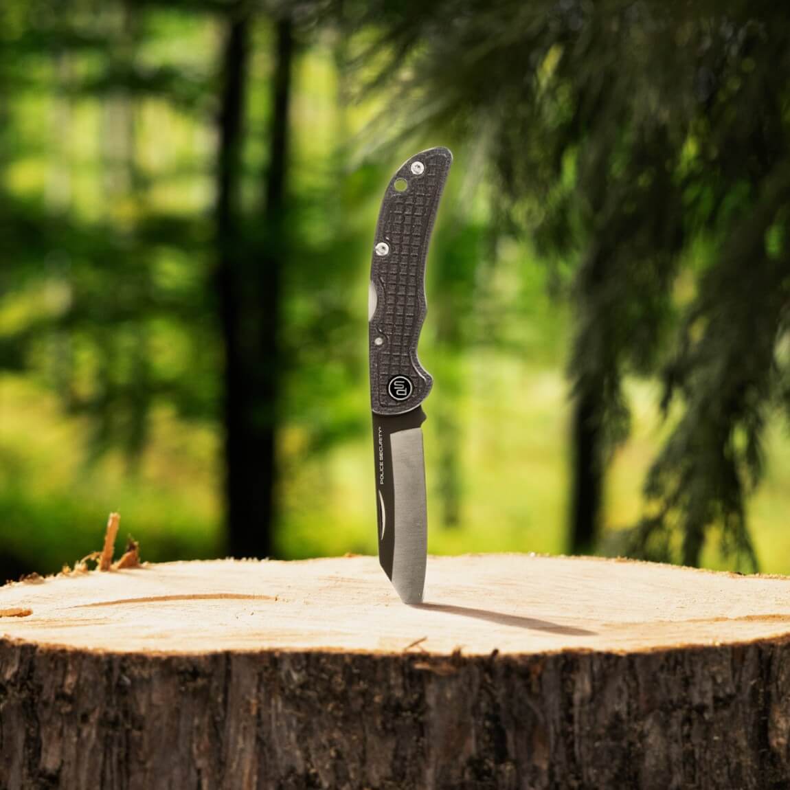 The Ranger folding pocket knife stabbed into a tree trunk with trees in the background
