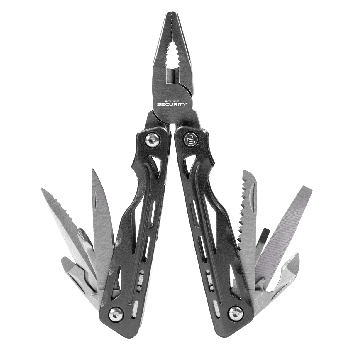 A plier pocket tool with all tools spread open