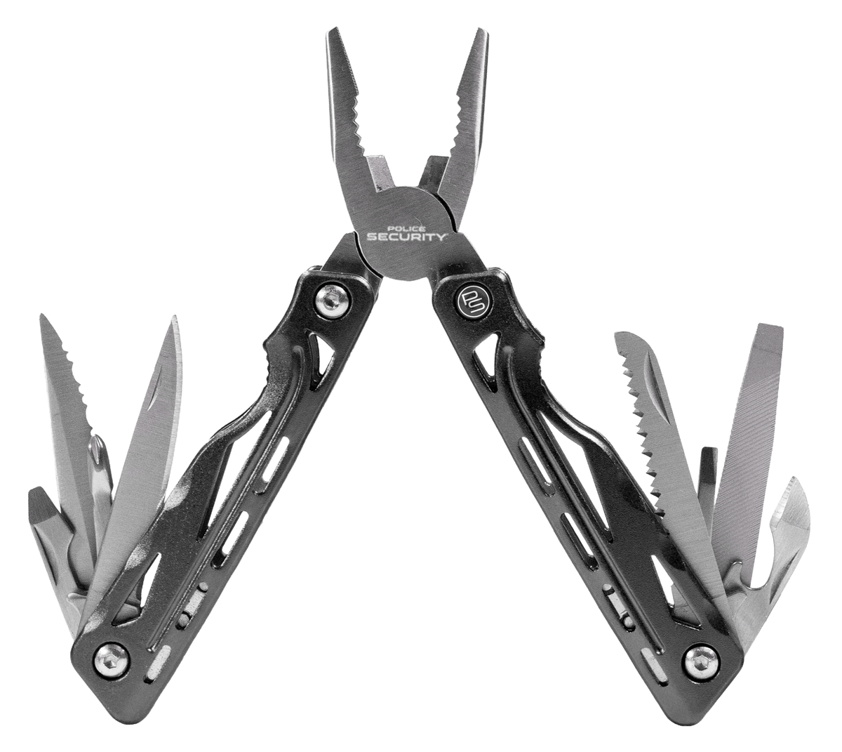 A plier pocket tool with all tools spread open and the pliers expanded