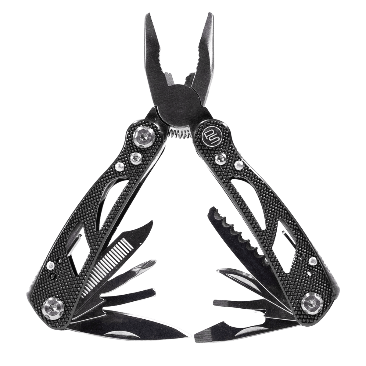 A black multi-tool with pliers on a black background