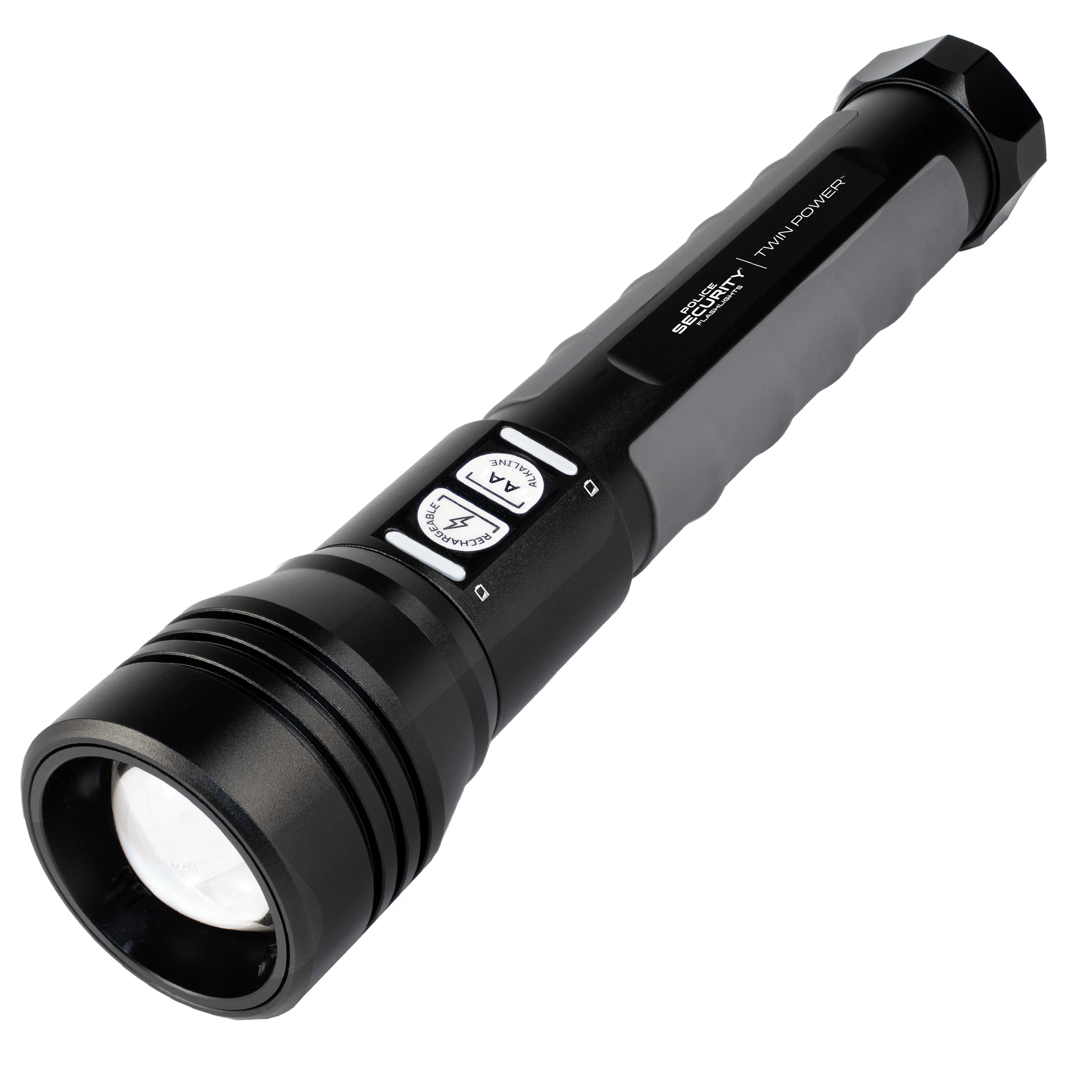 A black Police Security 4000 Twin Power flashlight with a textured grip, featuring two control buttons on the side and the brand name printed on the barrel, shown on a white background.