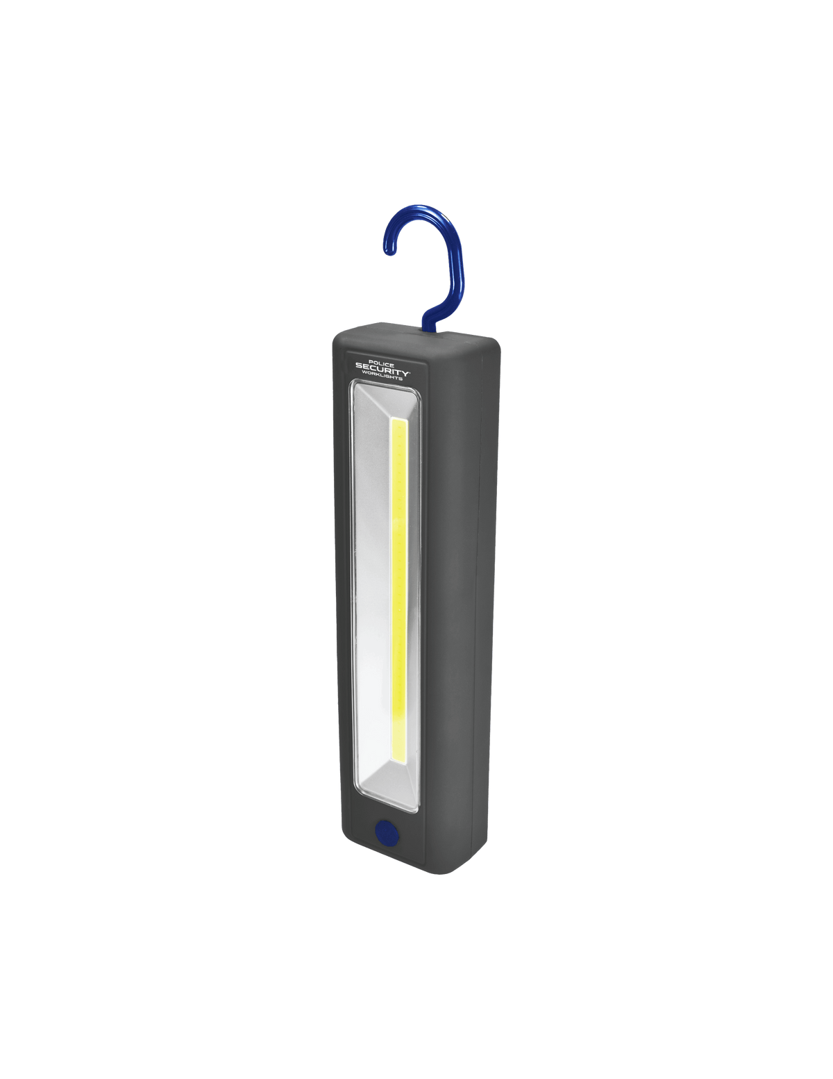 A black rectangular hanging LED work light with a bright yellow light bar in the center and a black hook at the top, shown on a plain white background.