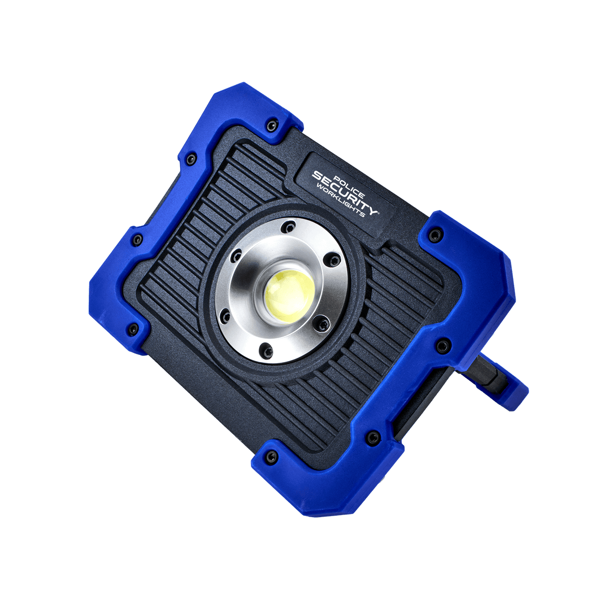 A rugged square LED work light with a blue and black protective casing, featuring a silver metal bezel around a central yellow LED chip.