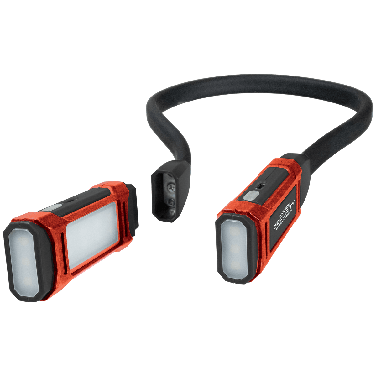 A two-piece neck-worn flashlight with one of its two lights removed