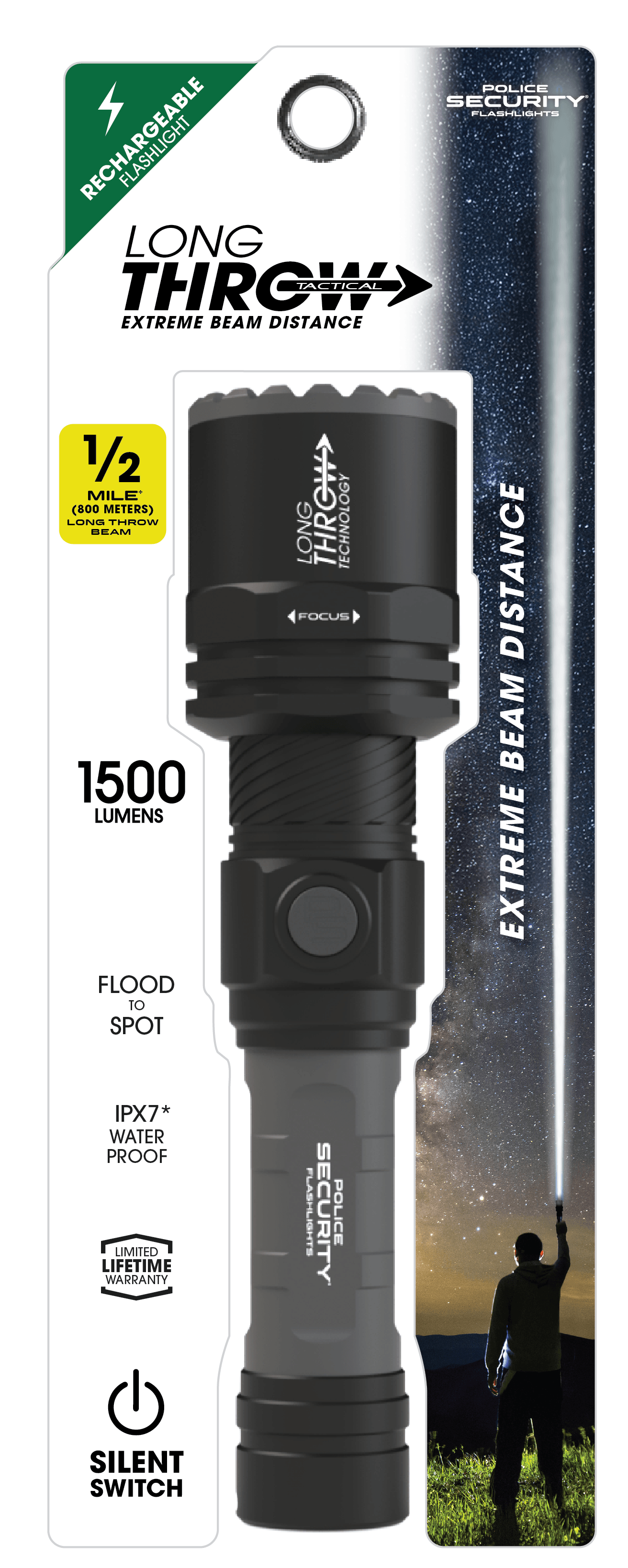 Long Throw 1500 Lumen Half-Mile Beam Rechargeable Flashlight