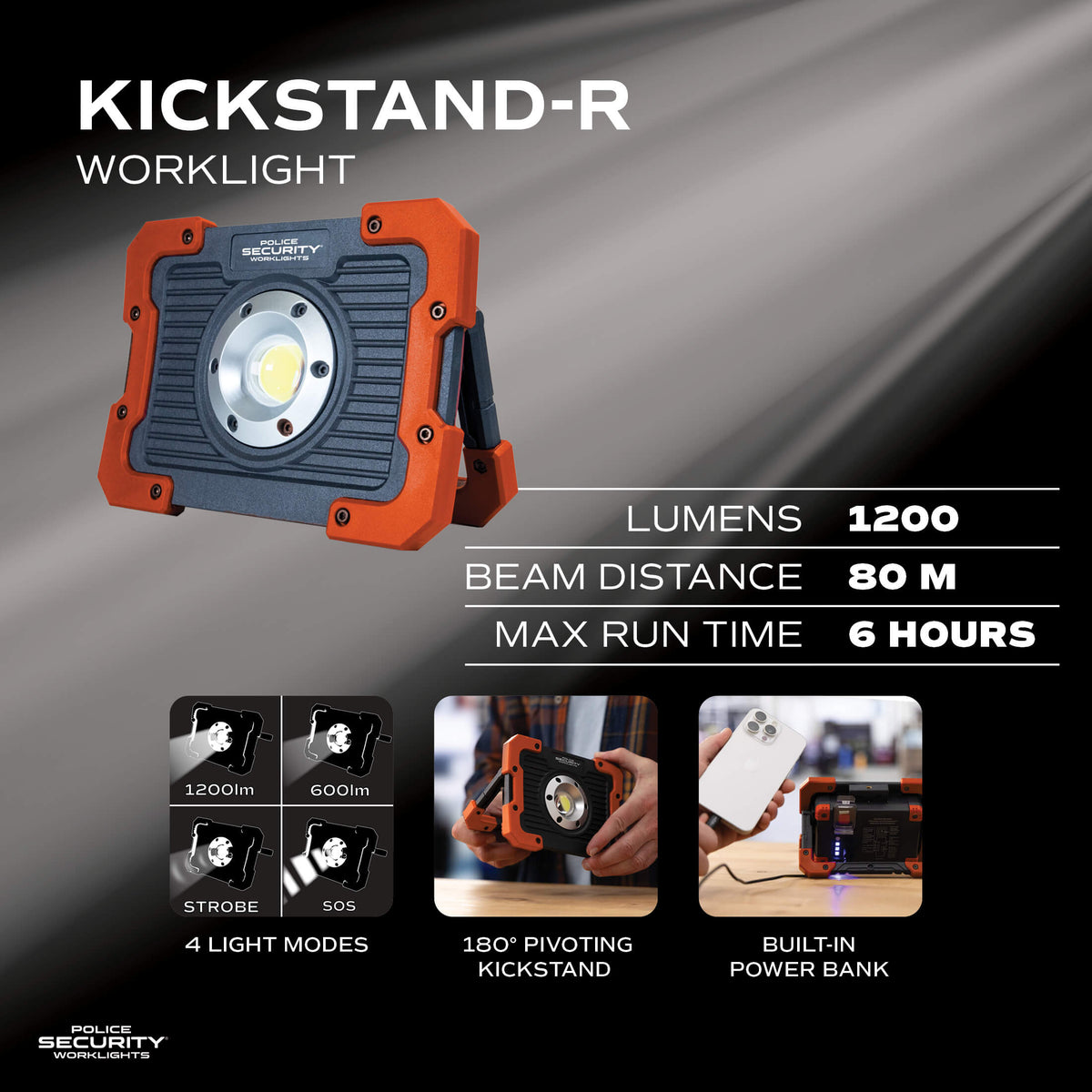 Kickstand-R Worklight portable LED work light in orange and dark gray, shown with feature callouts including 1200 lumens, 80 m beam distance, 6 hours runtime, 4 light modes, pivoting kickstand, strobe, SOS, and built-in power bank.