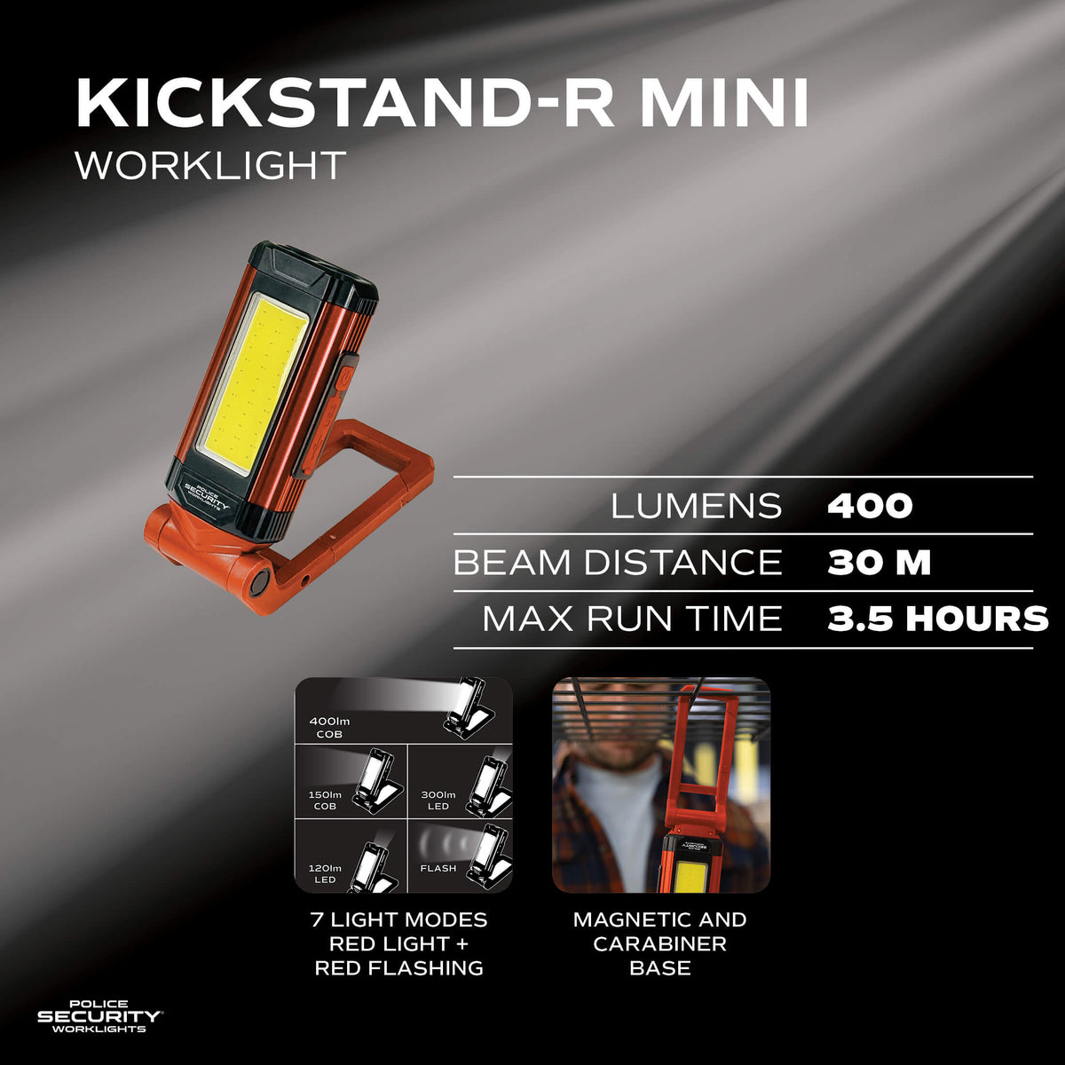 An infographic image of the Police Security Kickstand R Mini work light with specs and operation images