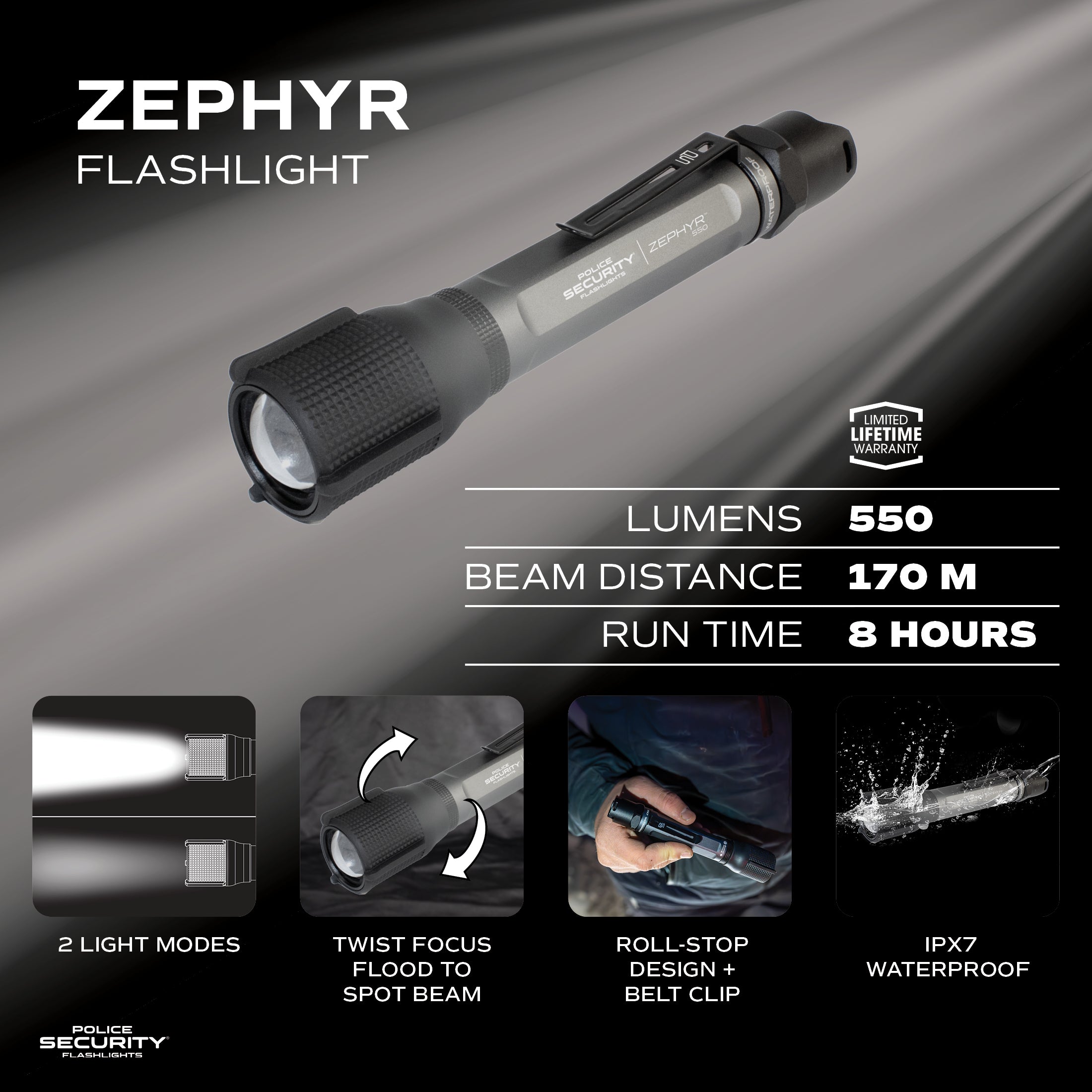 Police Security 97704 Zephyr TACT Flashlight 550 Lumens 3 MODES