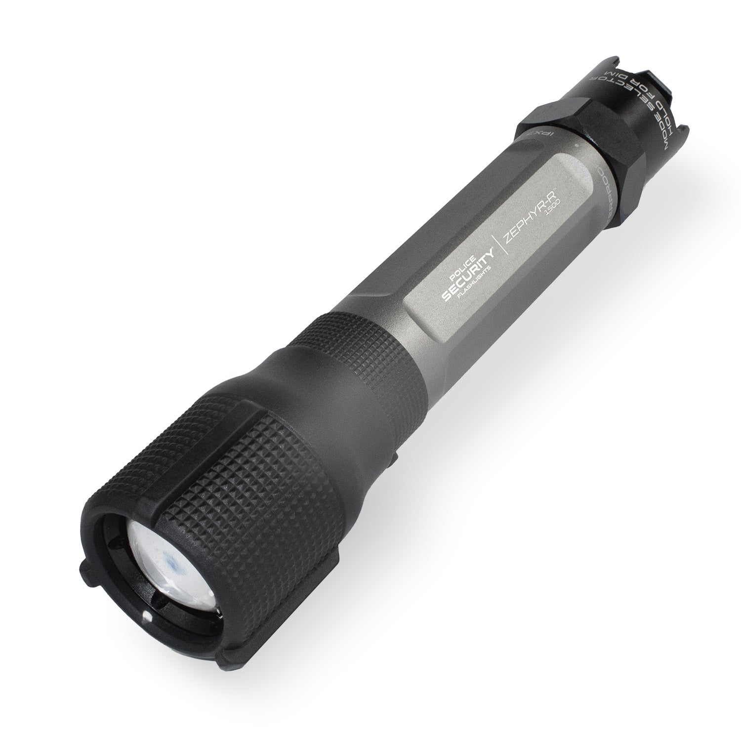 A tactical rechargeable Police Security Zephyr-R flashlight with a silver body, black grip, and LED light source.