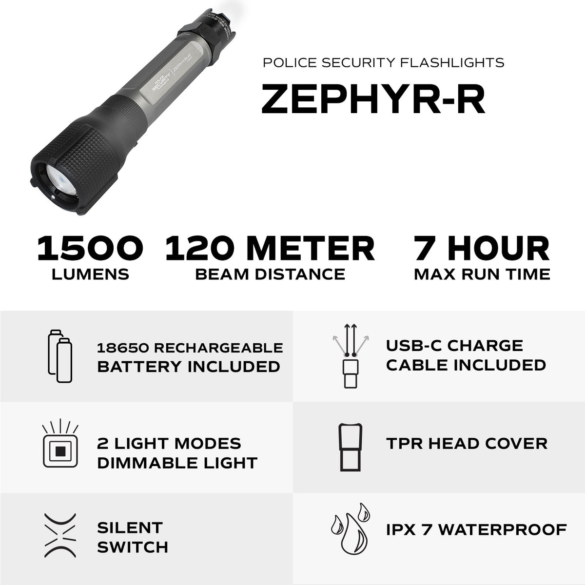 ZEPHYR-R 1500 LUMEN RECHARGEABLE FLASHLIGHT