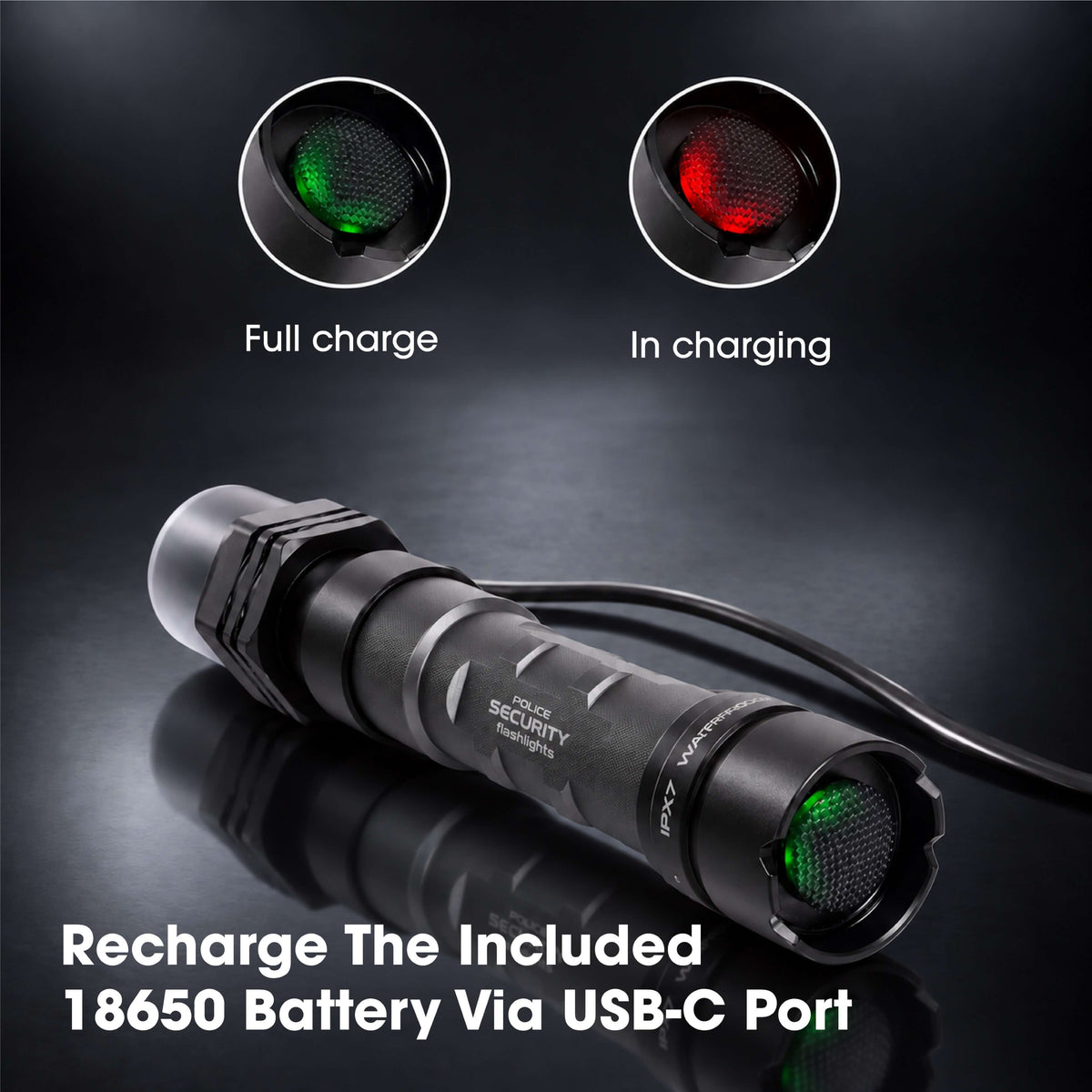 The Police Security Long Throw 700 flashlight plugged in to charge with additional images showing the charging status indicator