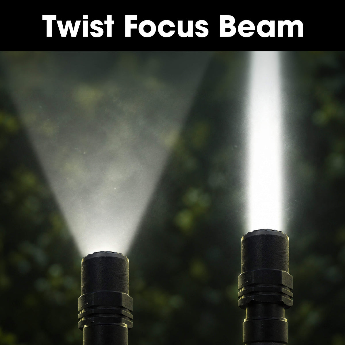 Two Police Security Long Throw 700 flashlights next to each other showing both the flood and spot light beam patterns