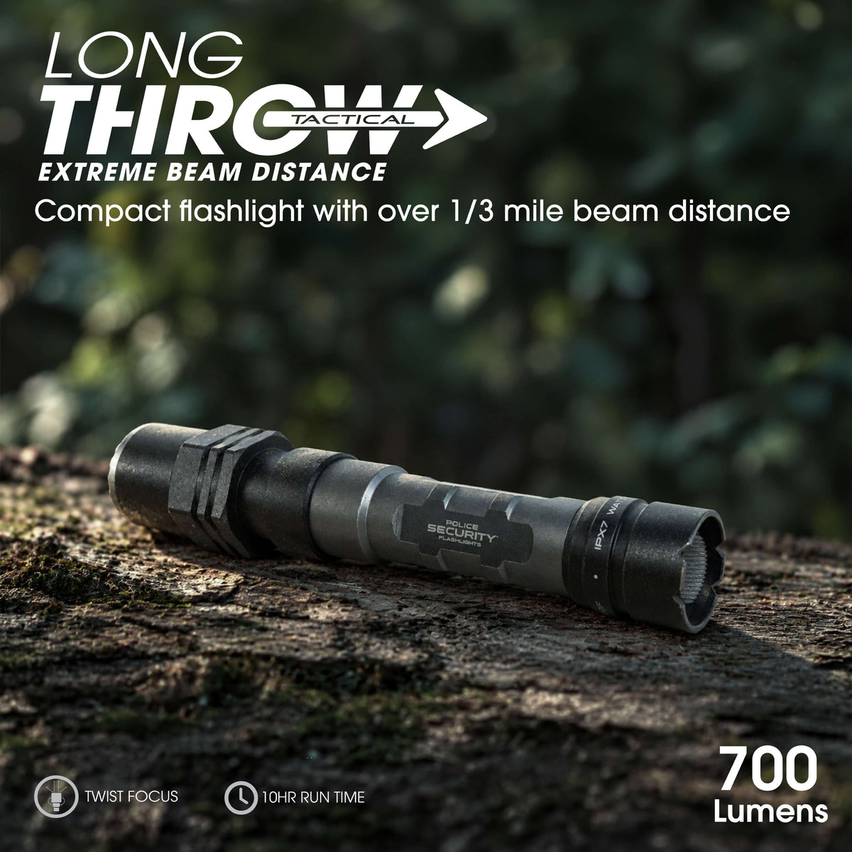 The Police Security Long Throw 700 flashlight sitting on a log in the woods with text describing its features