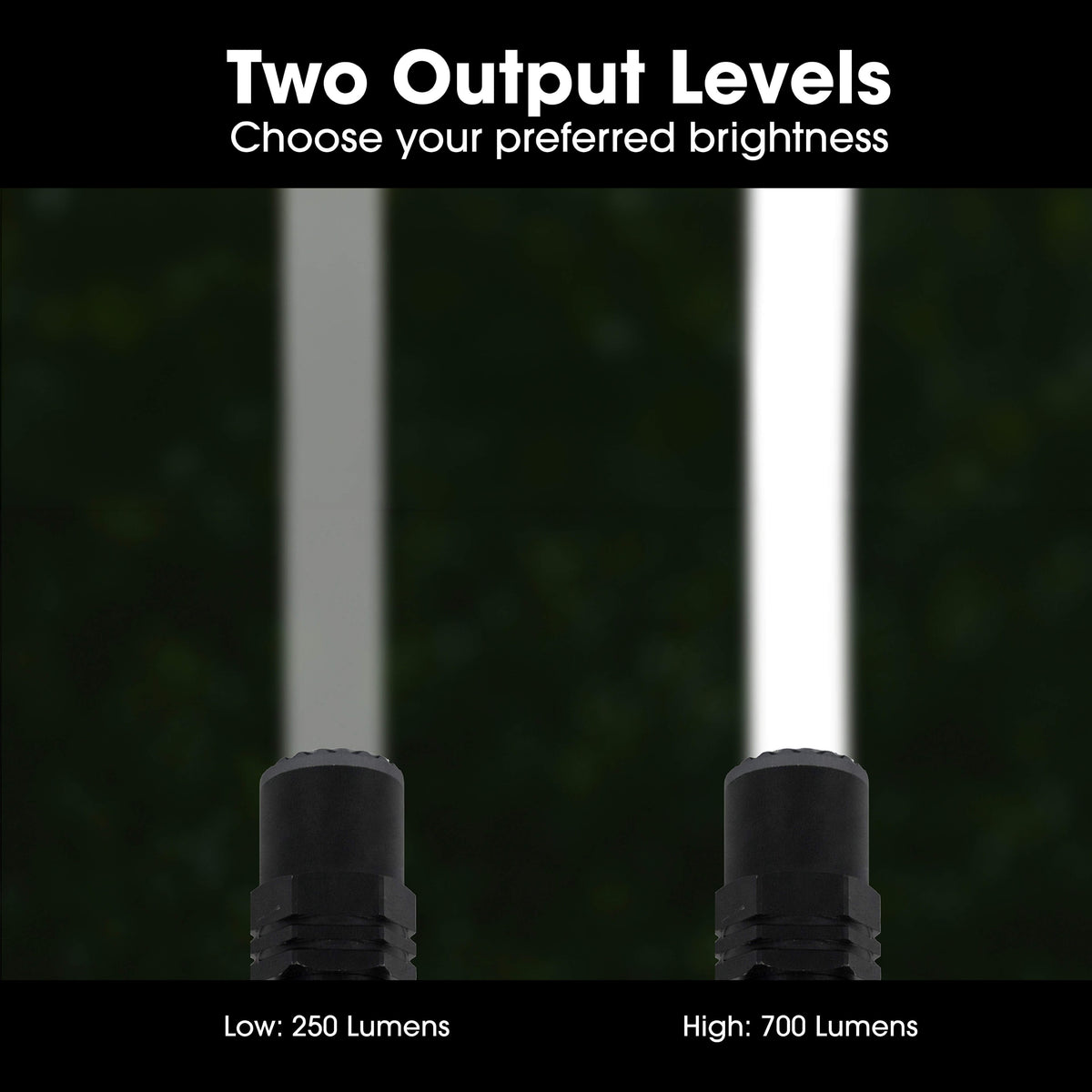 Two Police Security Long Throw 700 flashlights next to each other showing the different output levels