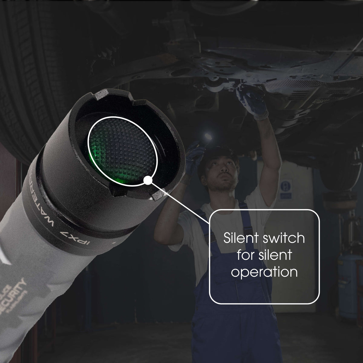 A close-up image of the tail cap switch of the Long Throw 700 with text discussing its silent operation