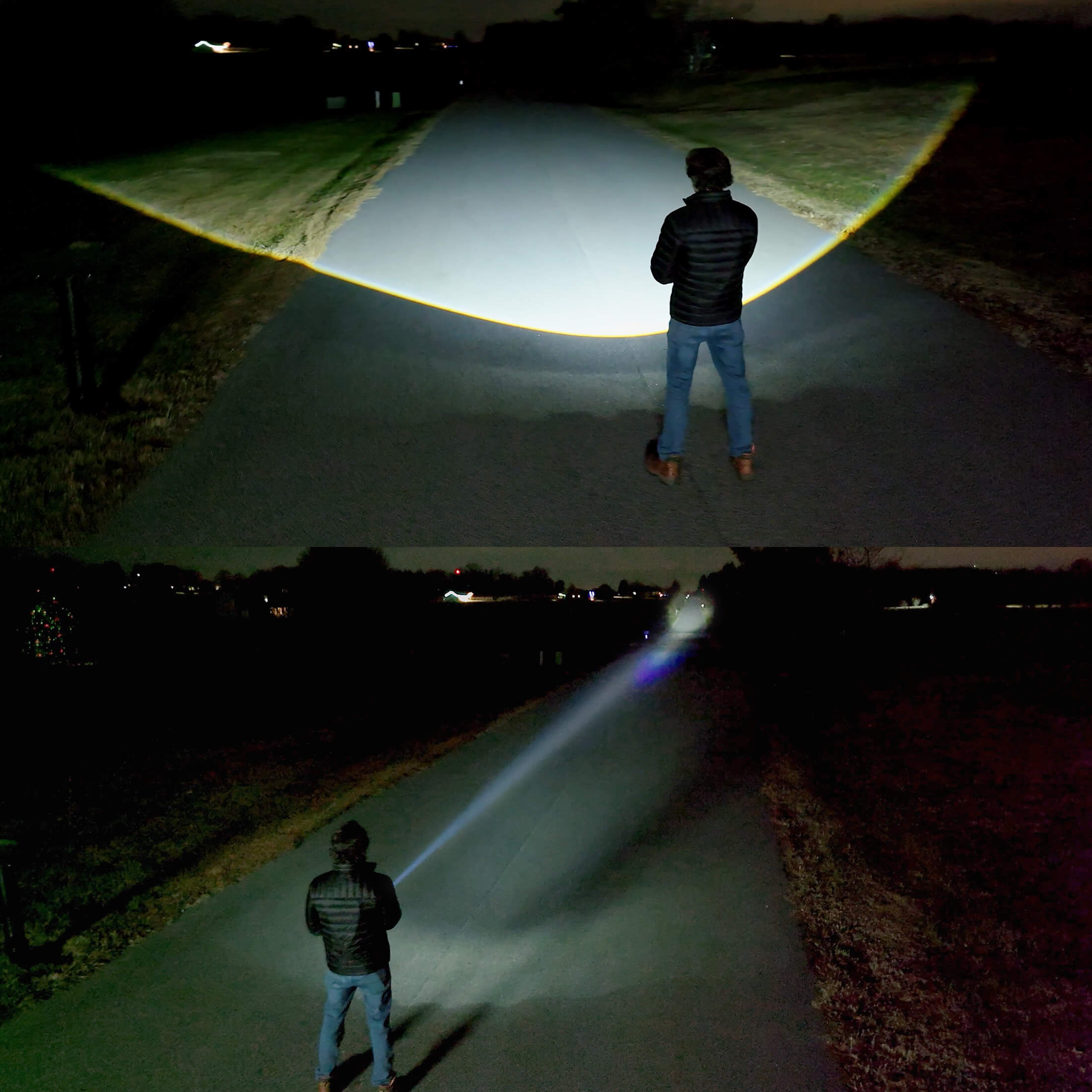 A split-screen comparison showing a person standing on a dark road at night, viewed from behind while shining a flashlight. The top panel shows the beam projecting a wide, bright illuminated area; the bottom panel shows the beam projecting a longer, narrower light beam further down the road.