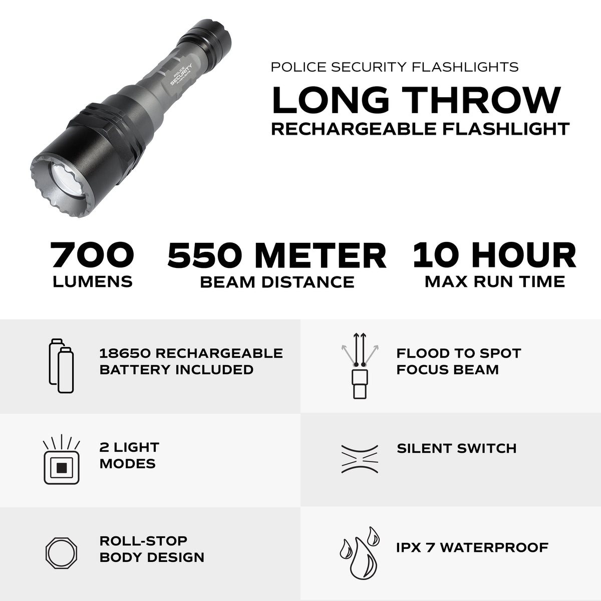 LONG THROW RECHARGEABLE FLASHLIGHT