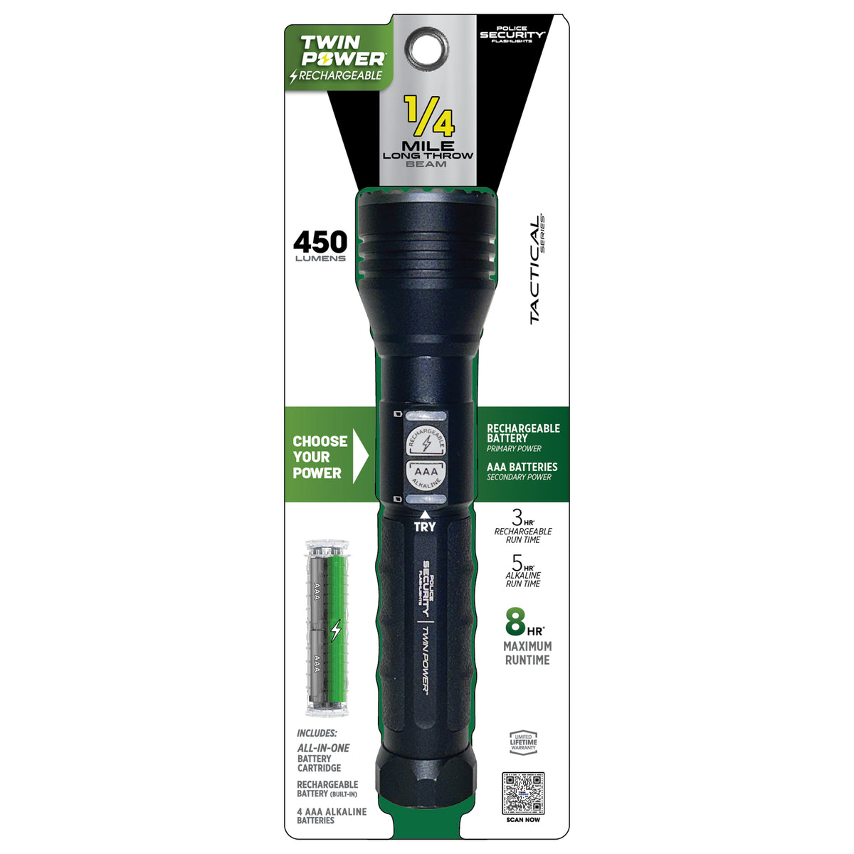 TWIN POWER LONG THROW 450 LUMEN LED FLASHLIGHT