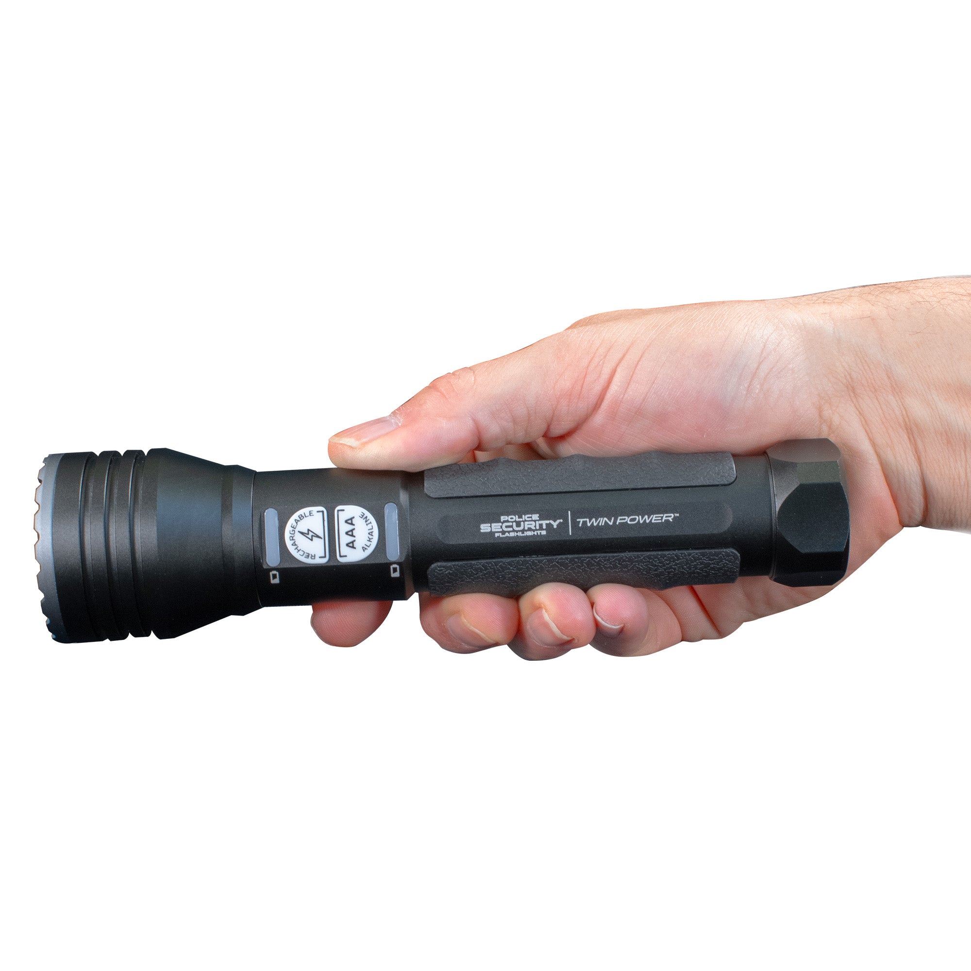 Police Security Long Throw Twin Power flashlight held in hand, showing of the control buttons