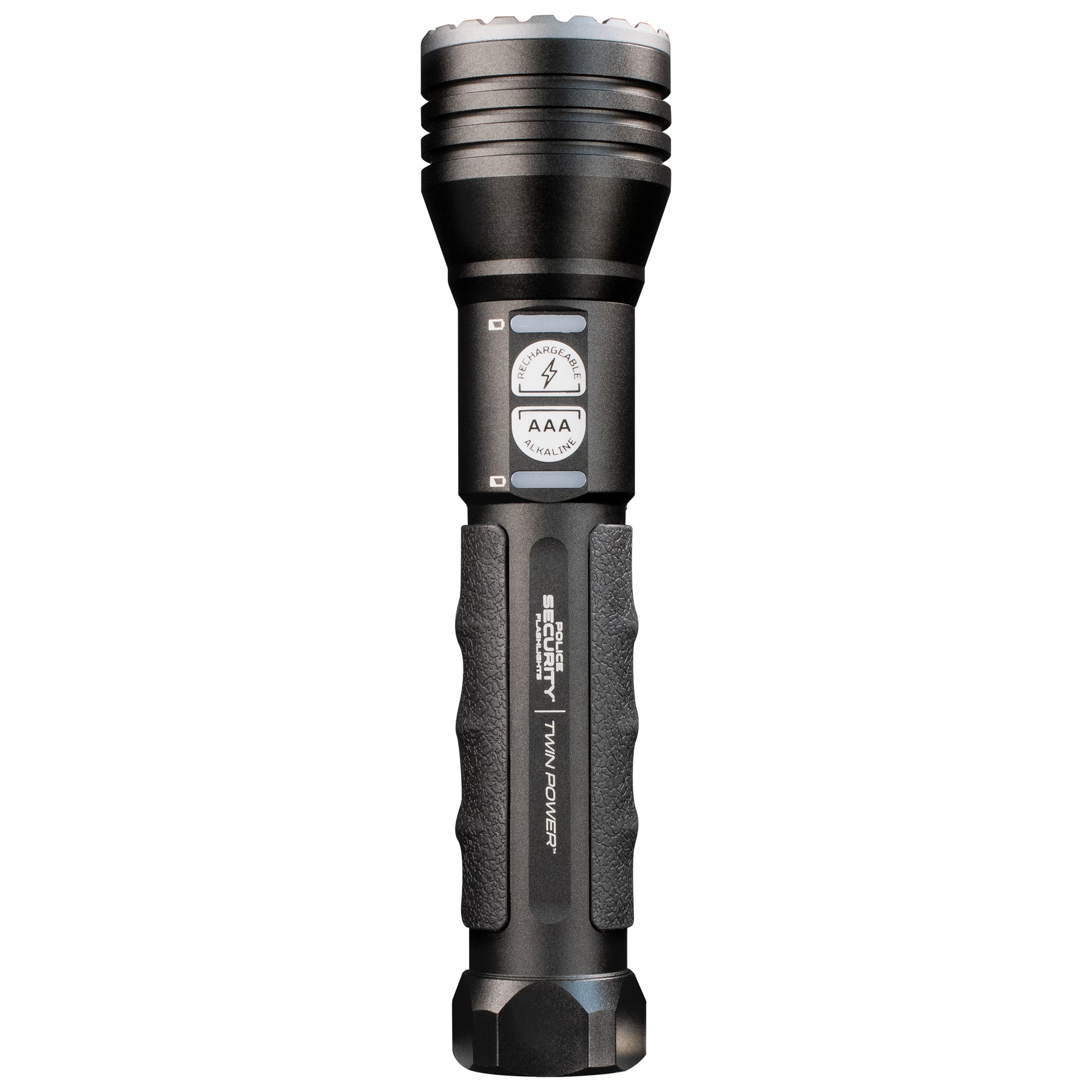 The Police Security Long Throw Twin Power flashlight as viewed from above