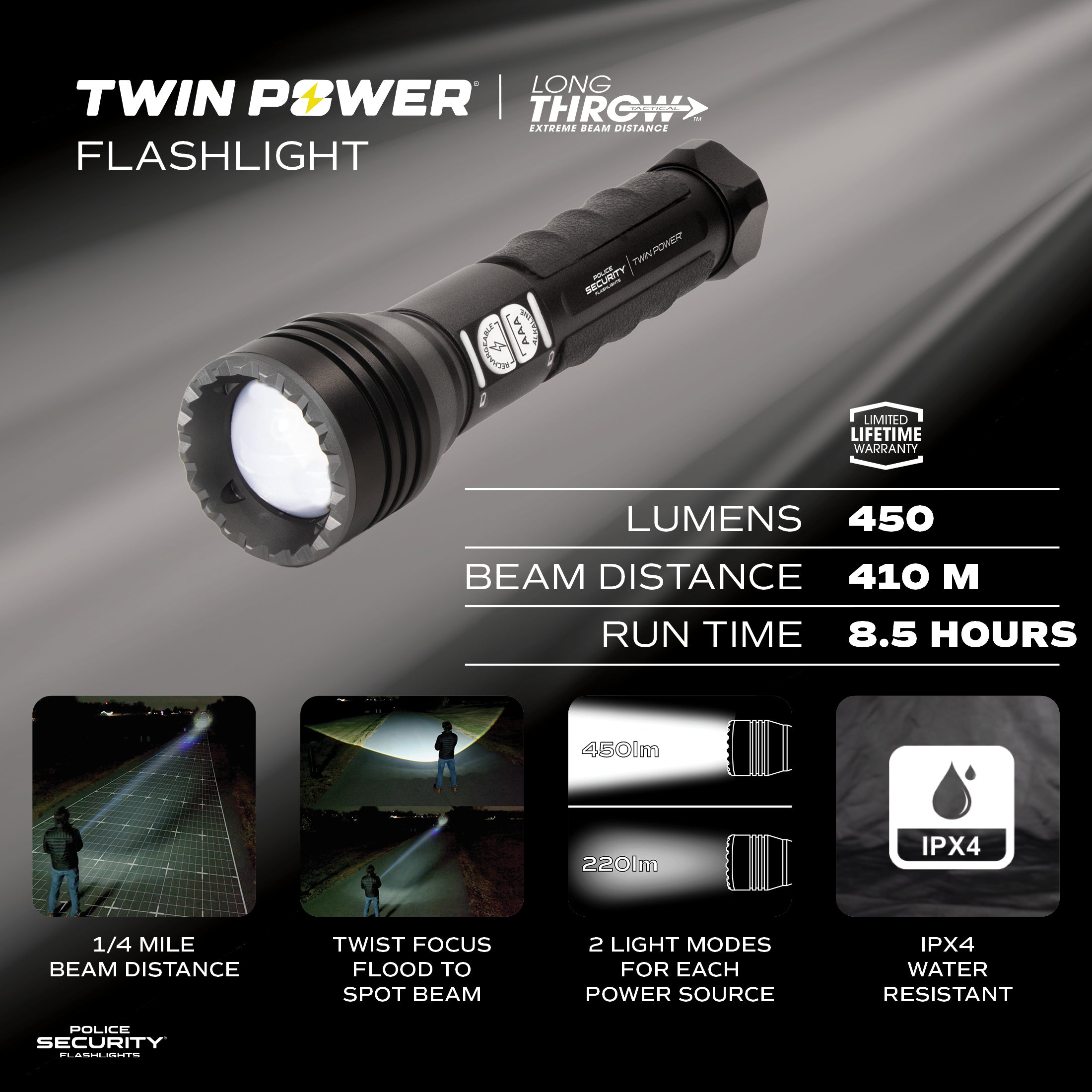 TWIN POWER LONG THROW 450 LUMEN LED FLASHLIGHT