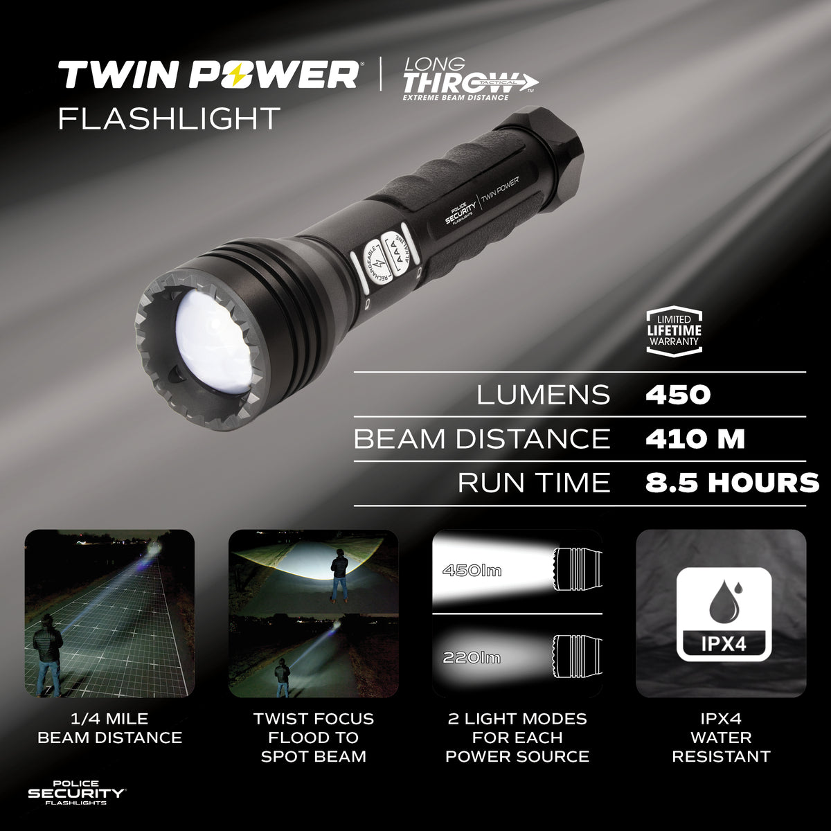 TWIN POWER LONG THROW 450 LUMEN LED FLASHLIGHT