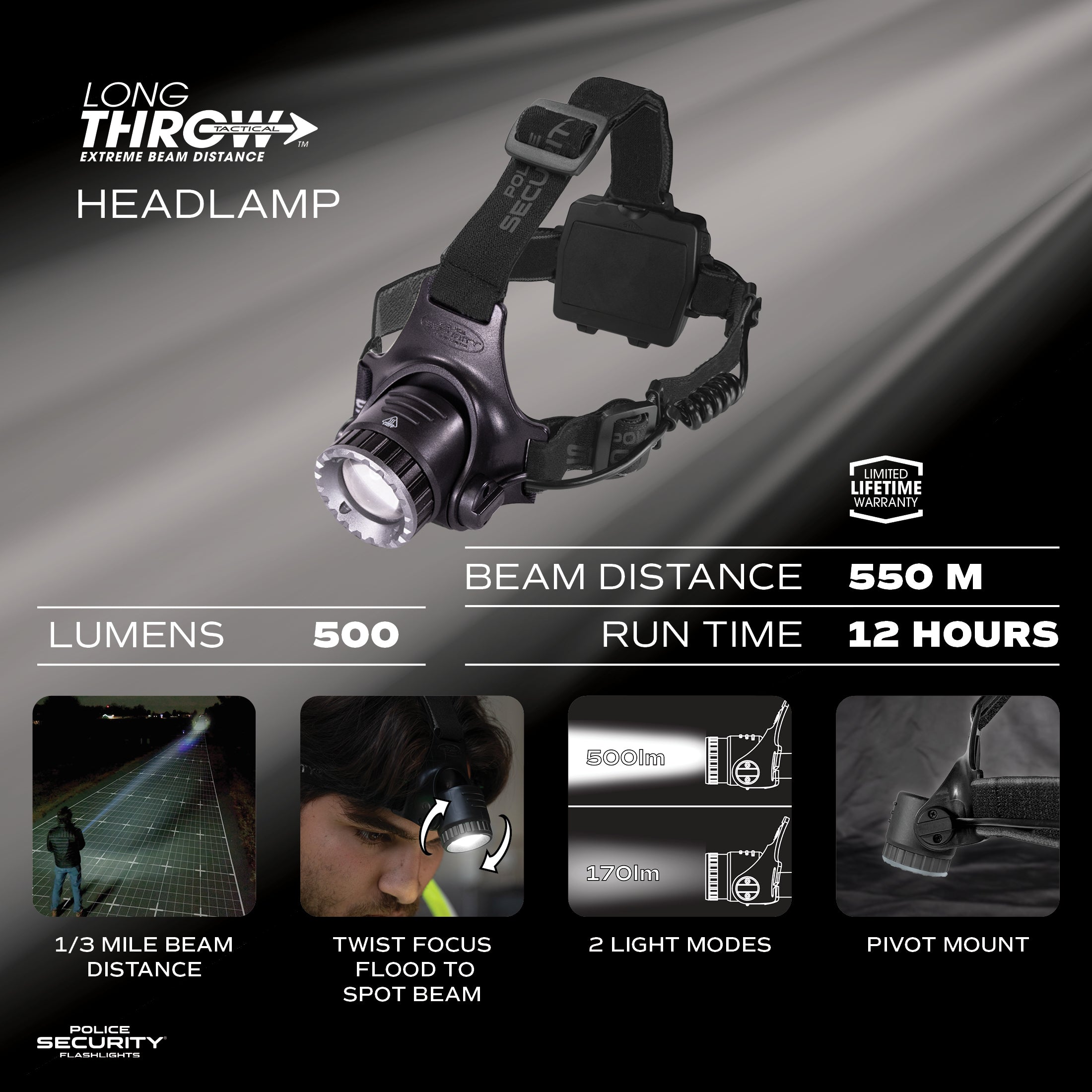 brightest rechargeable headlamp flashlight Police Security Flashlights Long Throw Headlamp 500 Lumens Black