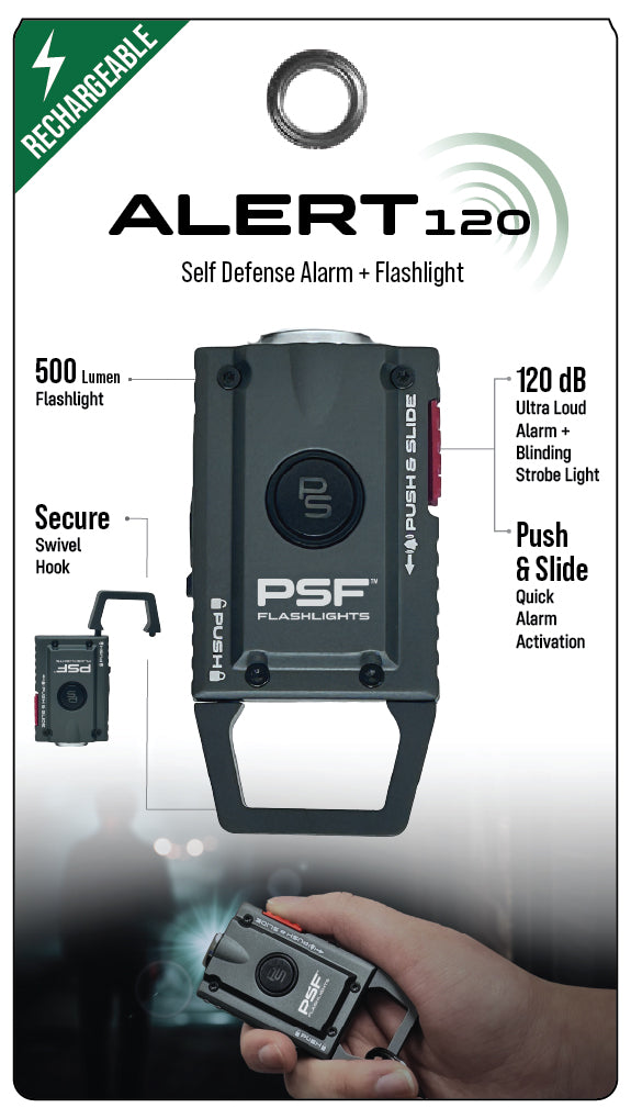 ALERT120™ RECHARGEABLE PERSONAL SAFETY ALARM & FLASHLIGHT