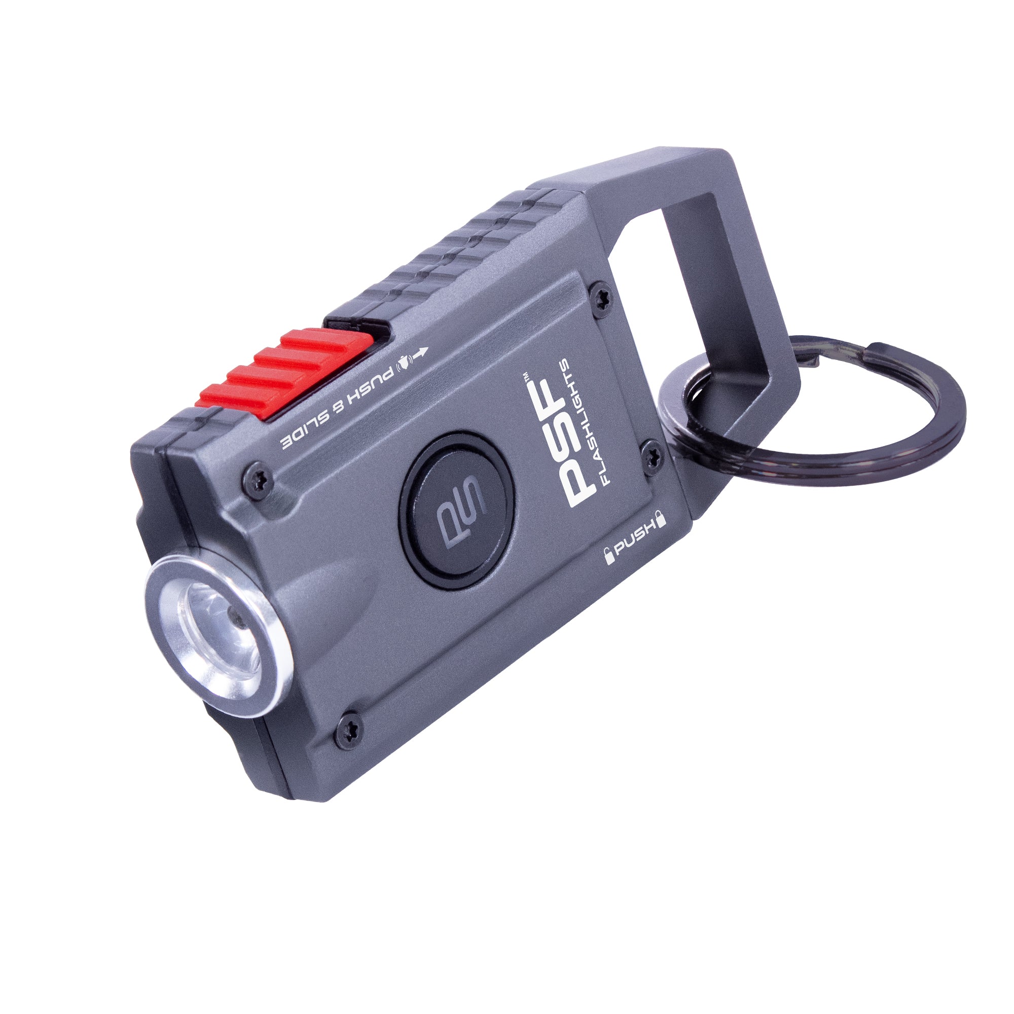 Portable Alert120 Keychain flashlight with keychain attachment on a white background