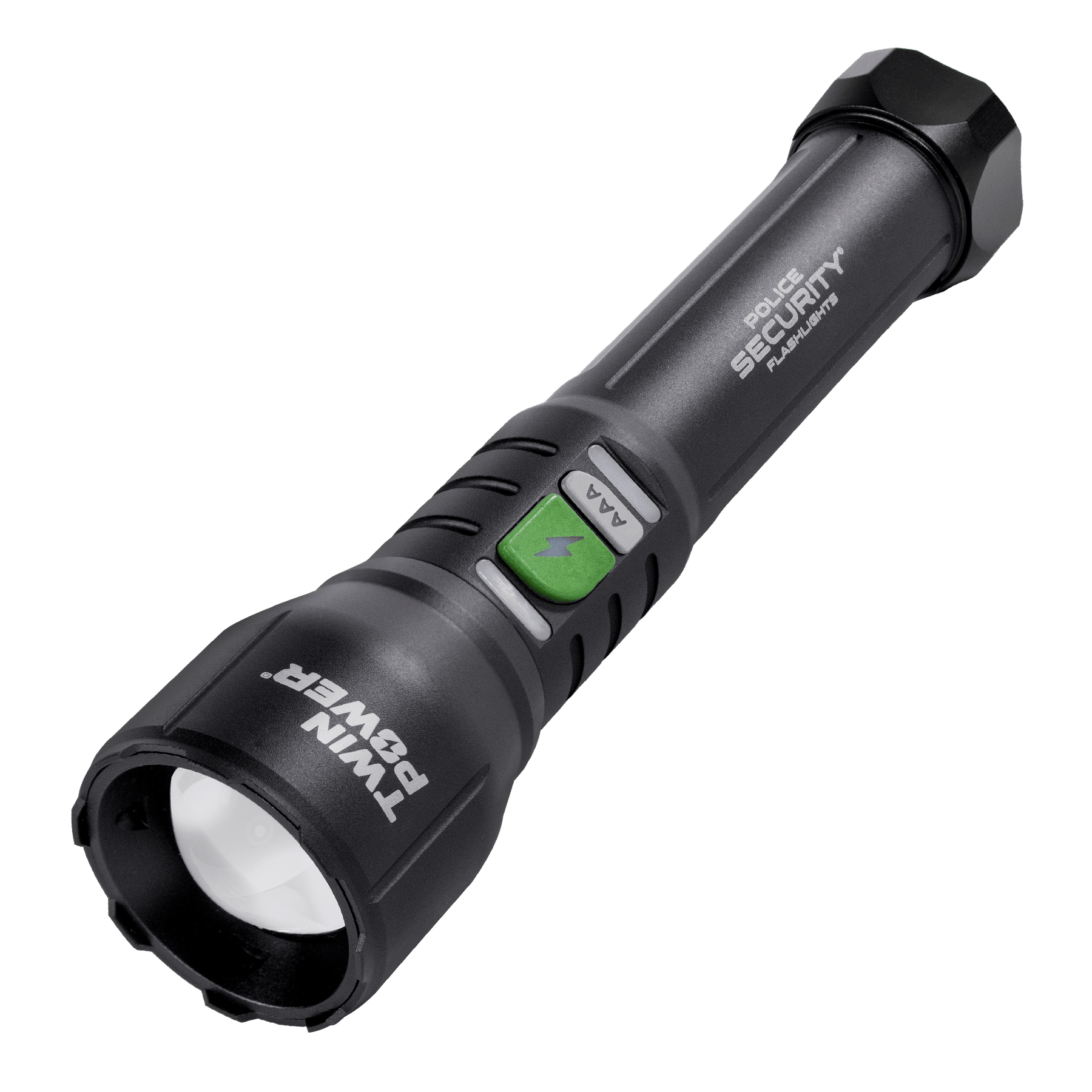 A black tactical flashlight with a textured grip, featuring a prominent green power button and white branding text for 'Twin Power' and 'Police Security Flashlights'.
