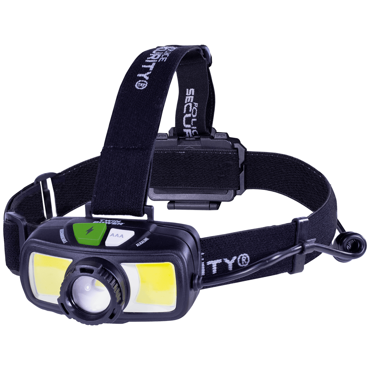 A rechargeable headlamp with a button for backup AAA power on a transparent background