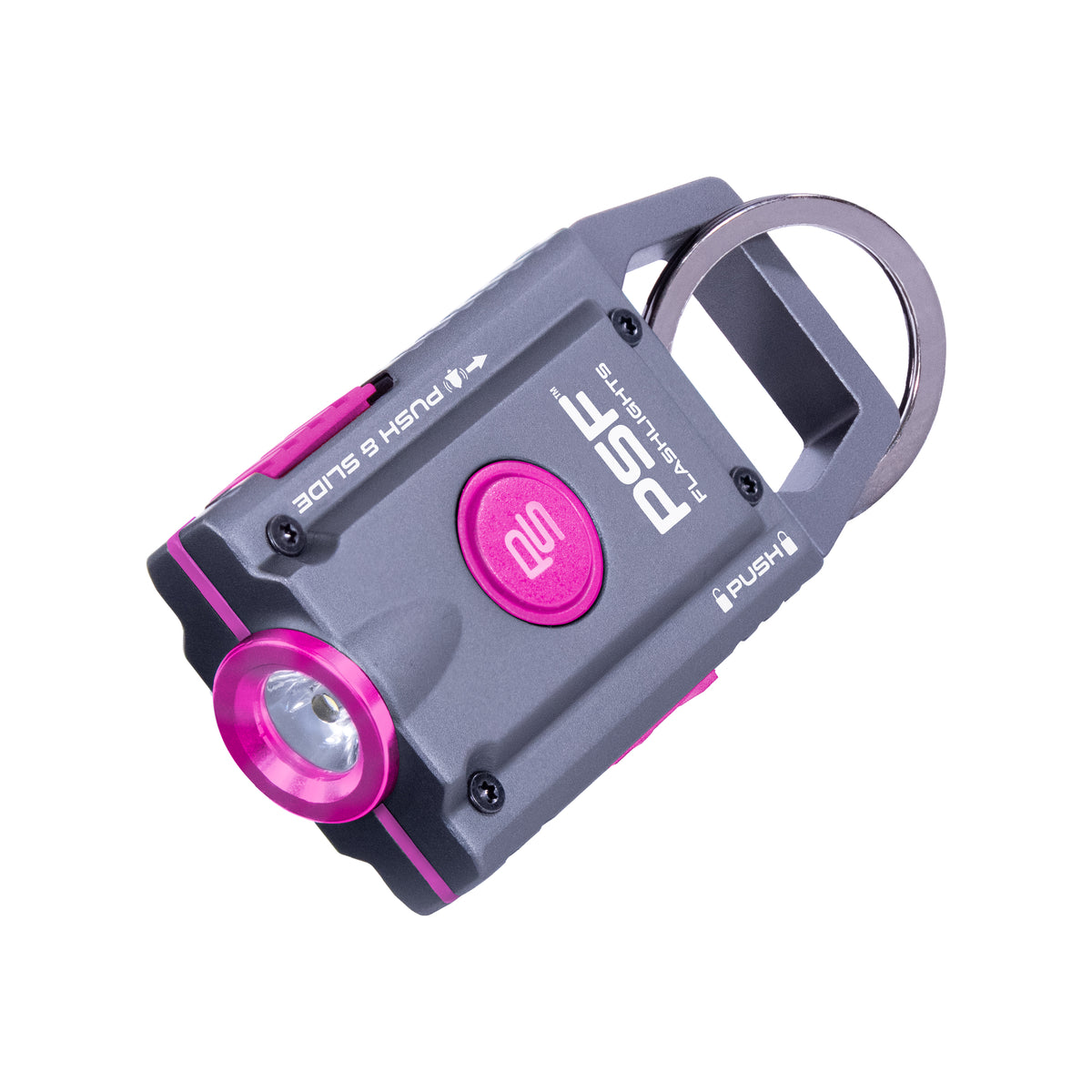 Gray and pink emergency tool with flashlight and button on a white background