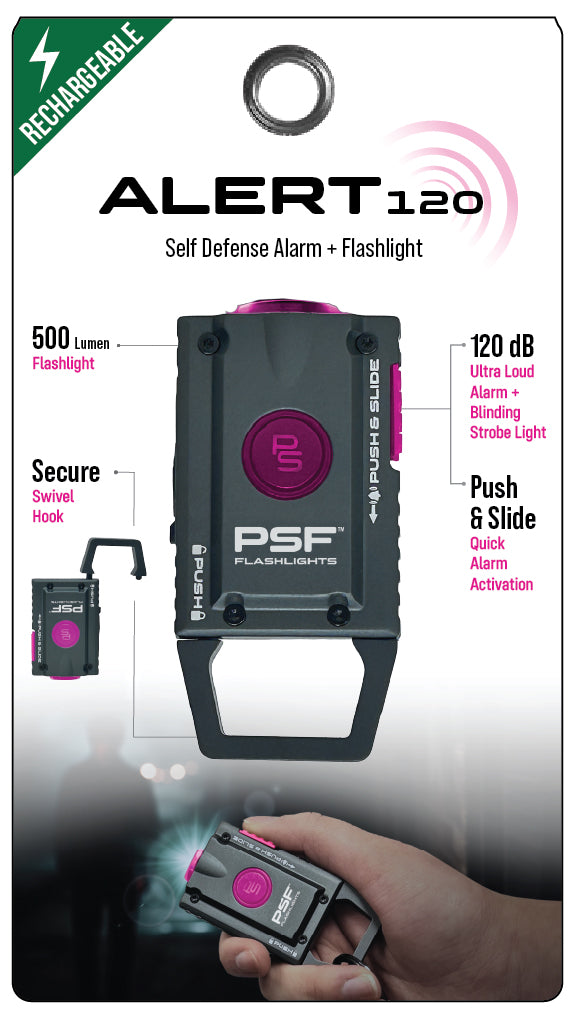 ALERT120™ RECHARGEABLE PERSONAL SAFETY ALARM & FLASHLIGHT
