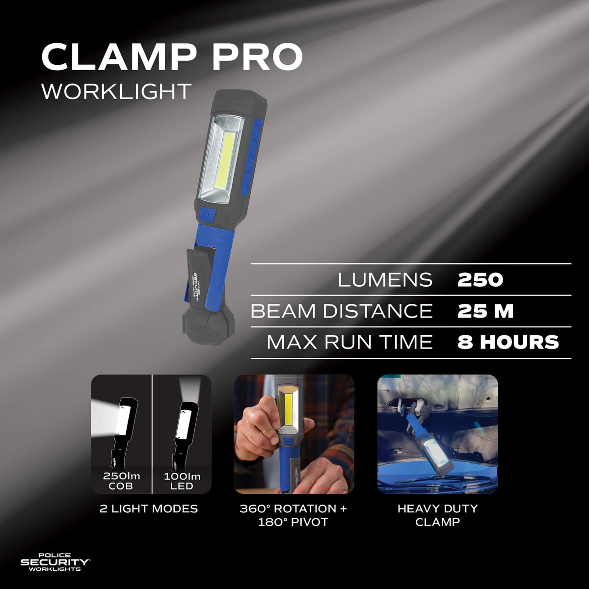 An informational graphic for the Clamp Pro Worklight LED tool light. The main product is shown upright in gray and blue, with large text reading 'CLAMP PRO WORKLIGHT' and feature callouts including 250 lumens, 25 m beam distance, 8 hours max run time, 2 light modes, 360° rotation + 180° pivot, and heavy duty clamp.