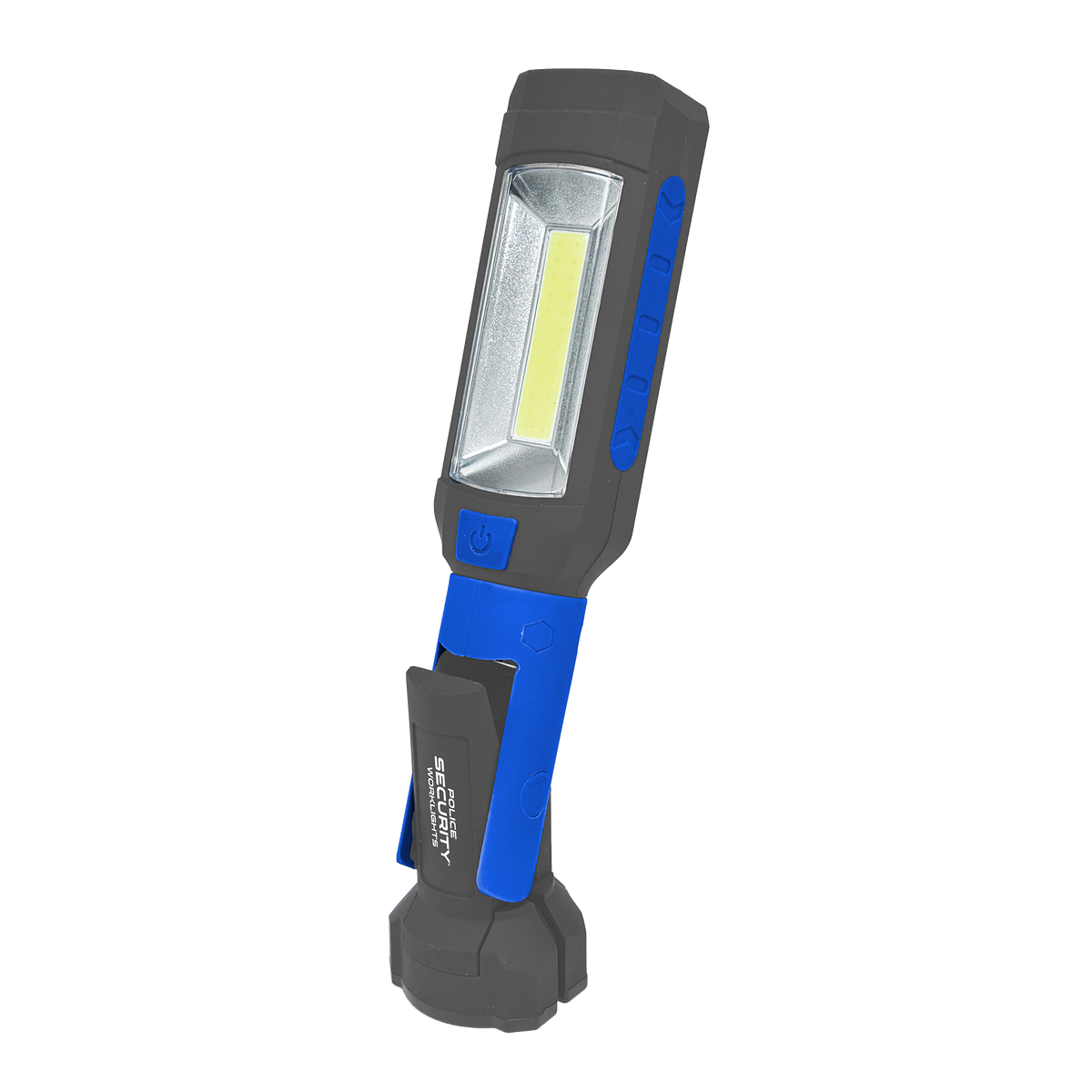 A handheld LED work light with a gray and blue ergonomic design, featuring a rectangular COB LED panel on the front, side buttons, and a clip base, shown against a plain white background.