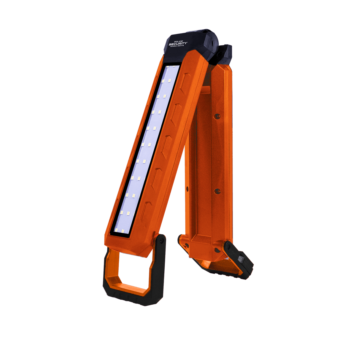 An orange and black portable LED work light with a foldable A-frame structure, shown on a solid white background.