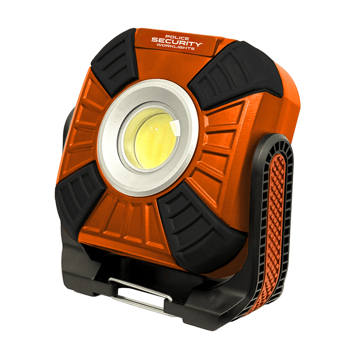 An orange and black police security LED work light with a silver bezel and a yellow LED light core, shown on a solid white background.