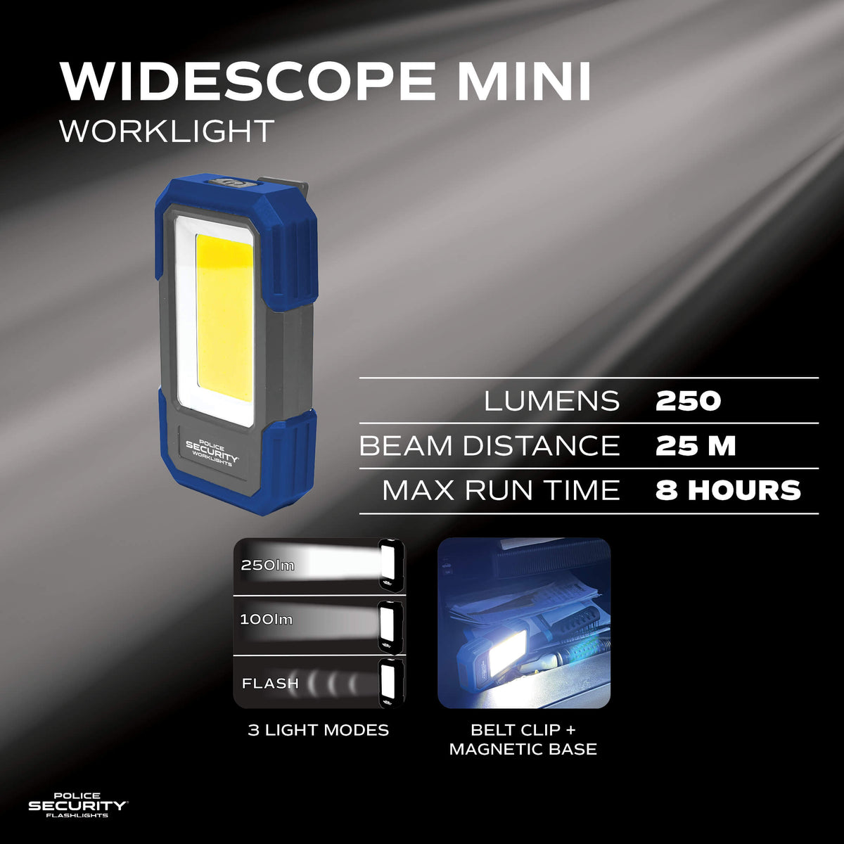 Widescope Mini Worklight LED flashlight with blue and gray body, shown with feature callouts including 250 lumens, 25m beam distance, 8 hours runtime, 3 light modes, and belt clip + magnetic base.