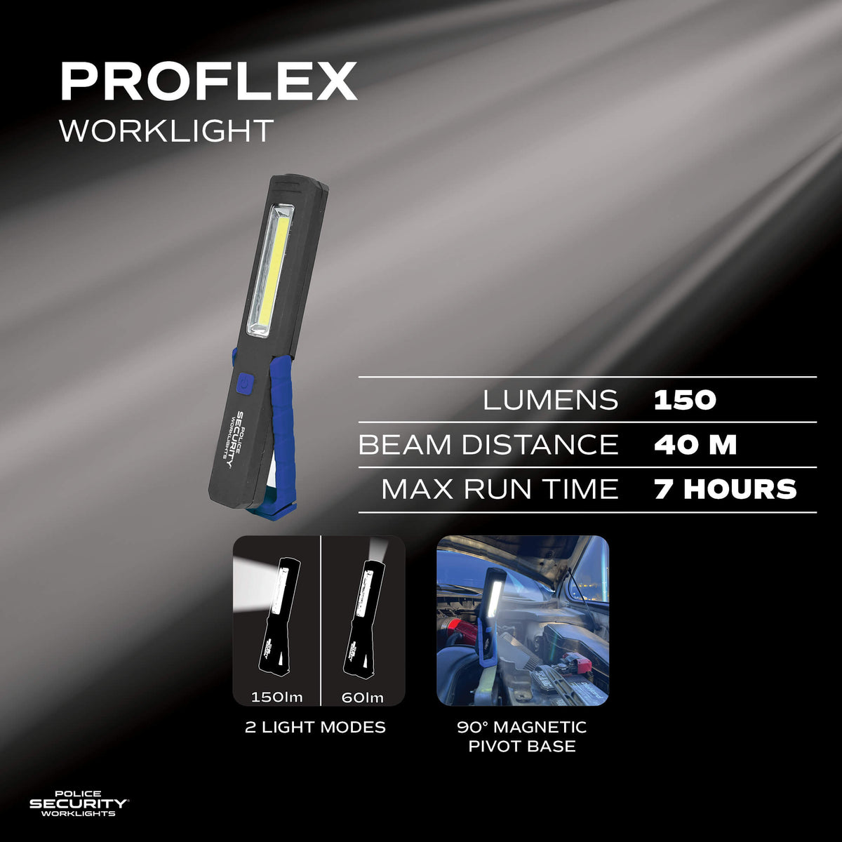 An informational image showing specs and details of the Pro Flex work light from Police Security