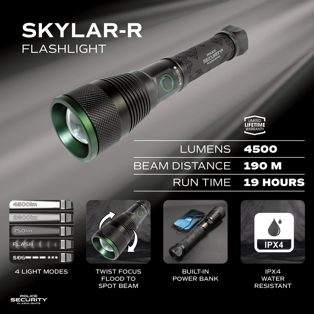 SKYLAR-R 4500 LUMEN RECHARGEABLE FLASHLIGHT