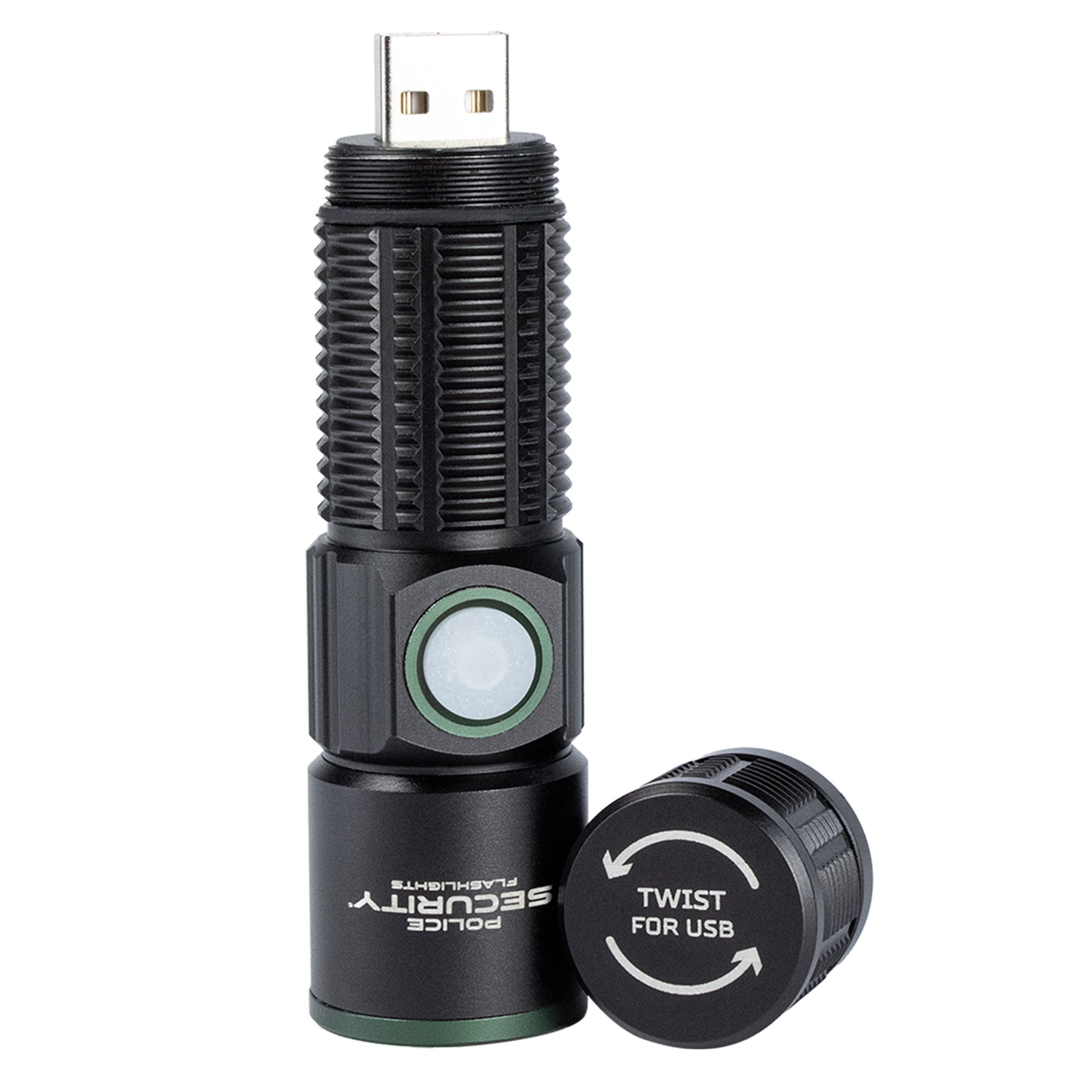 Police Security USB Car Flashlight with tail cap removed showing charging plug