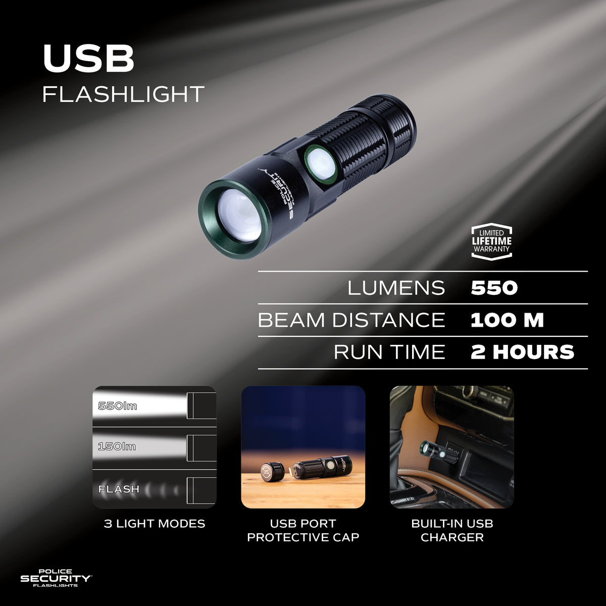 USB 550 LUMEN CAR LED RECHARGEABLE FLASHLIGHT