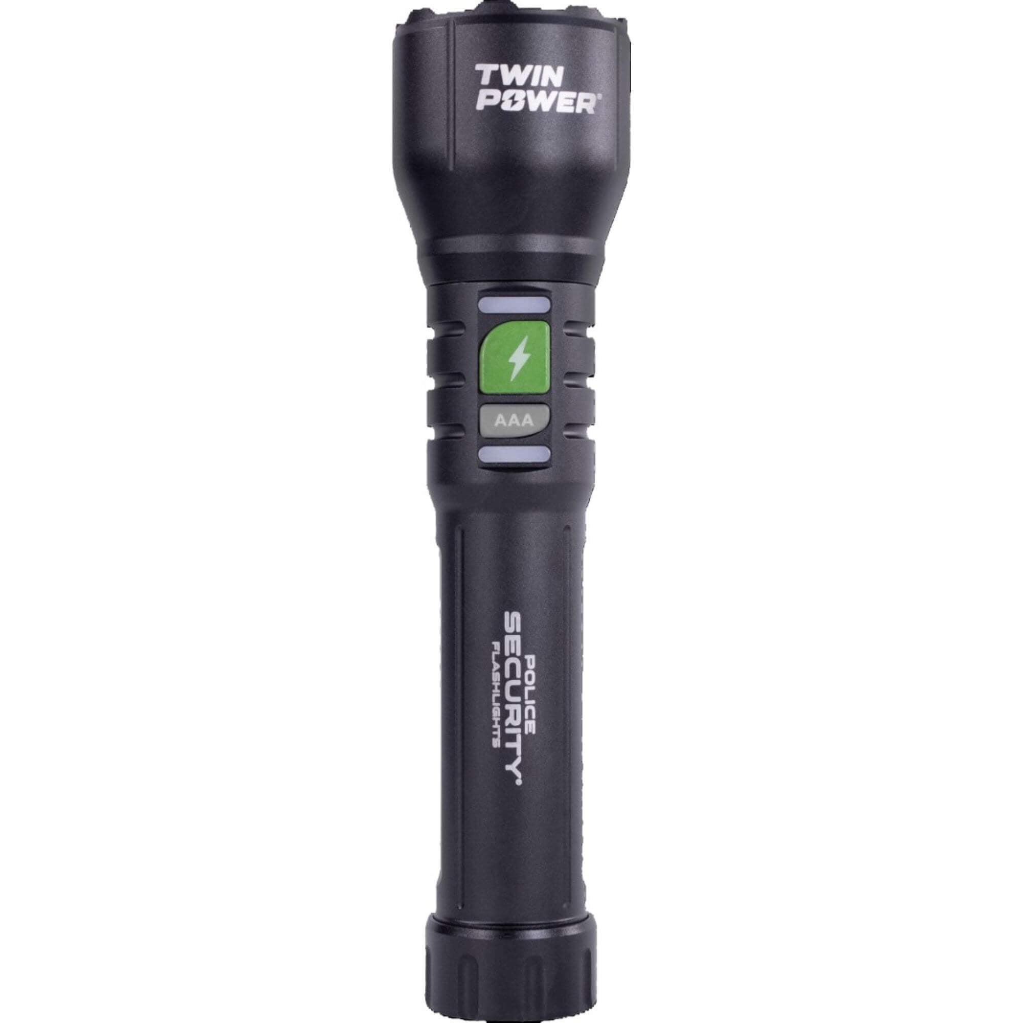 A black rechargeable flashlight with a textured grip, featuring a green power button with a lightning bolt icon, 'TWIN POWER' printed on the head