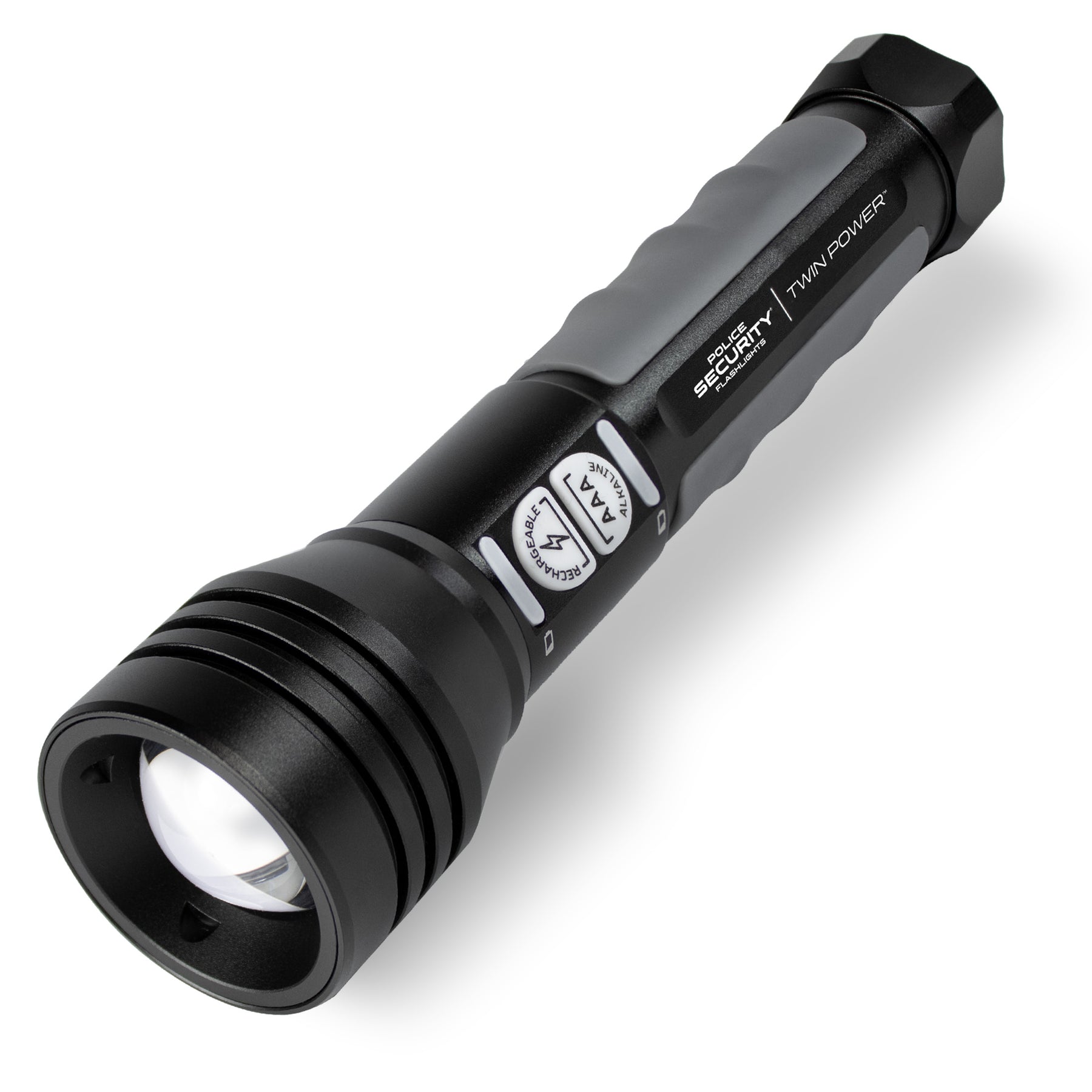 A black Twin Power rechargeable flashlight with a textured grip, shown on a clean white background.
