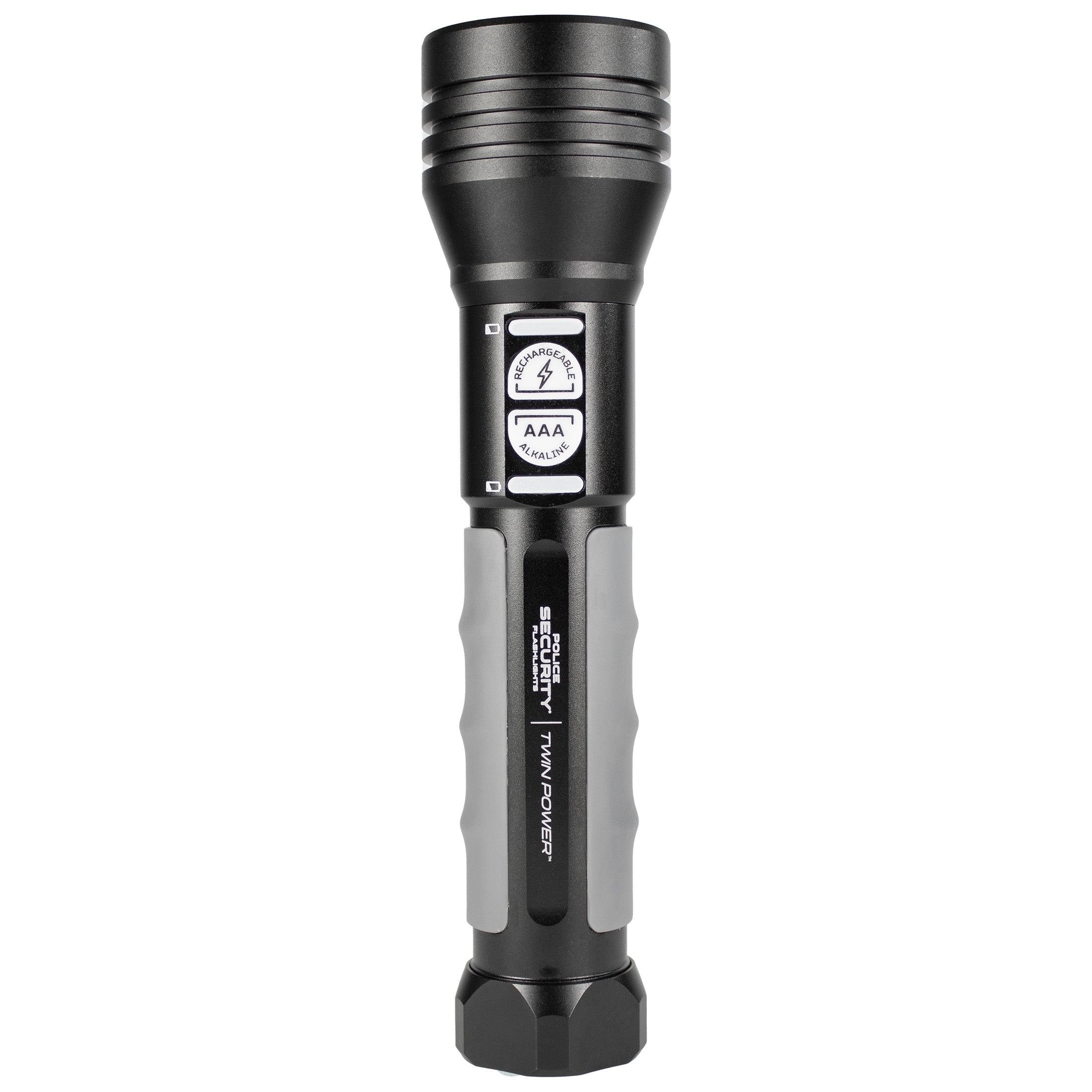 Police Security Twin Power 1000 rechargeable flashlight as viewed from above
