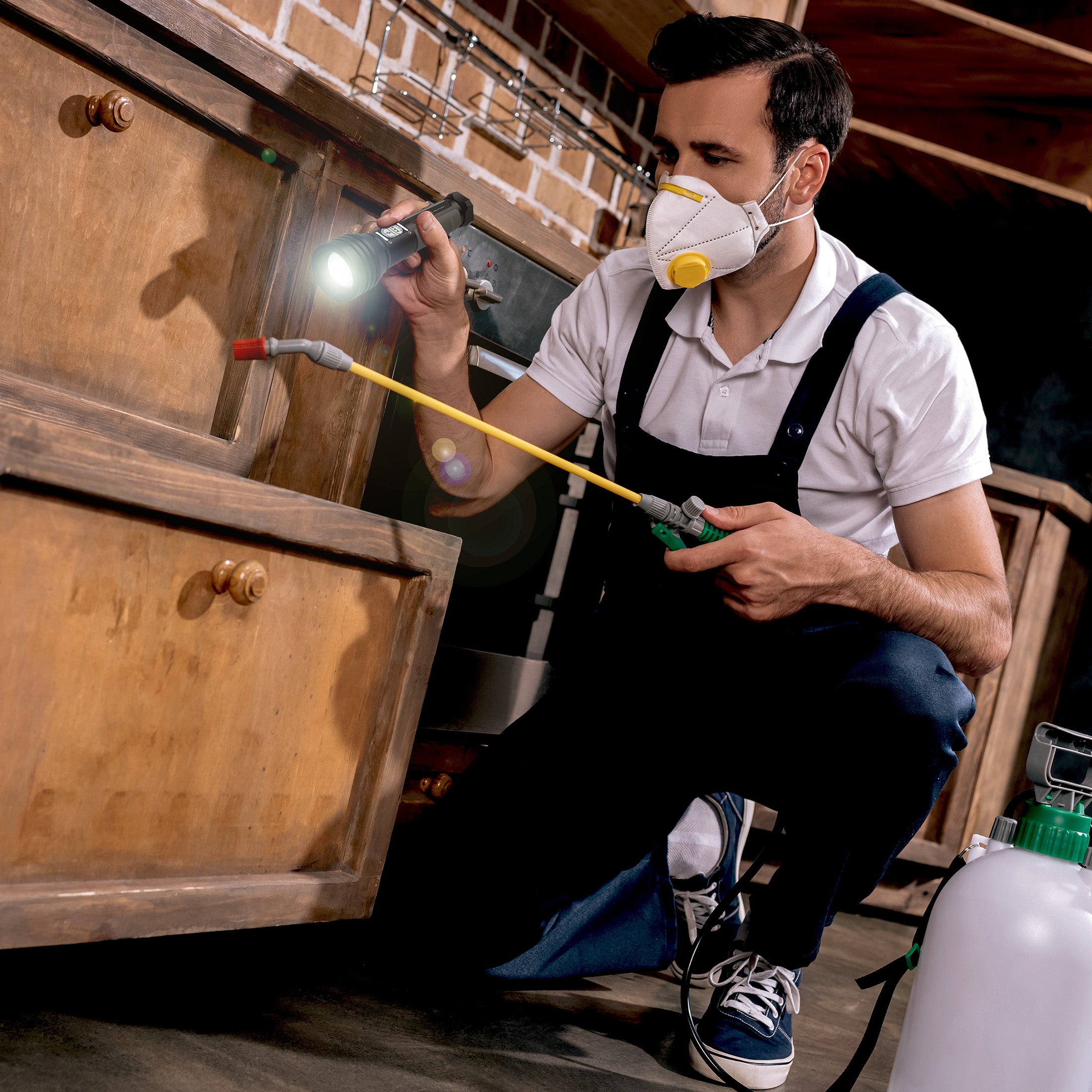 A pest control operator using the Police Security Twin Power rechargeable flashlight to spray for bugs