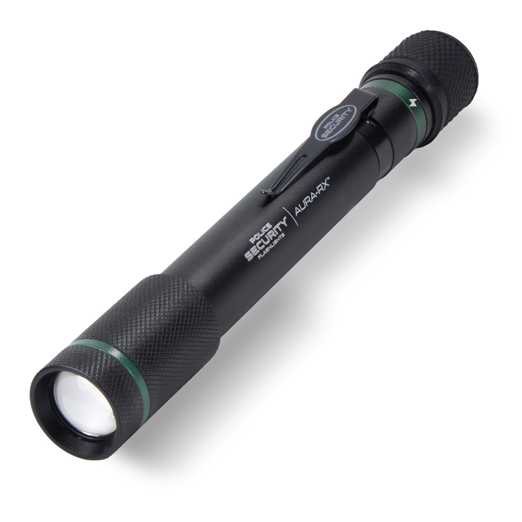 A black Police Security Aura RX penlight with textured knurled grips, a green accent ring, and white printed text