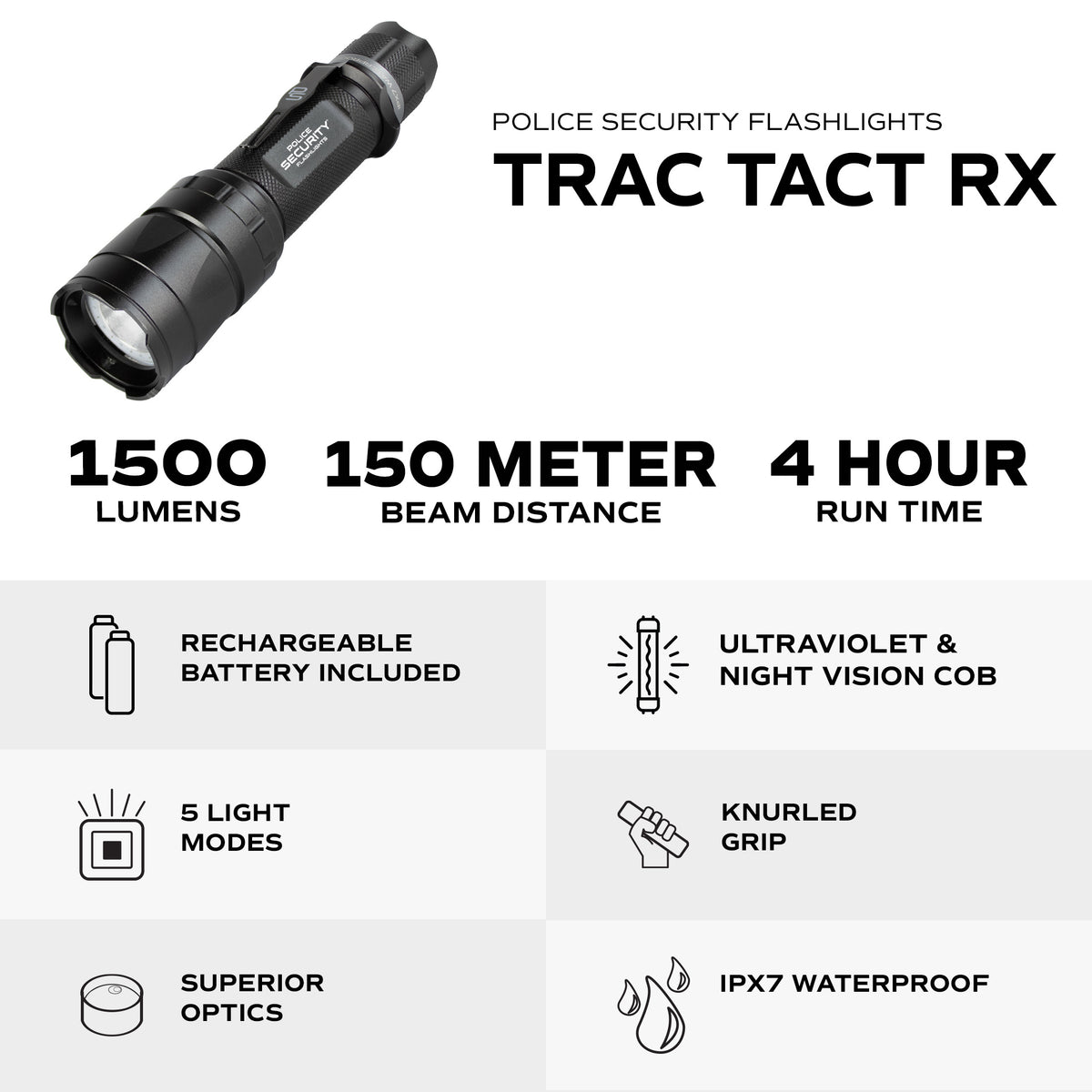 TRAC TACT-RX 1500 LUMEN RECHARGEABLE LED FLASHLIGHT