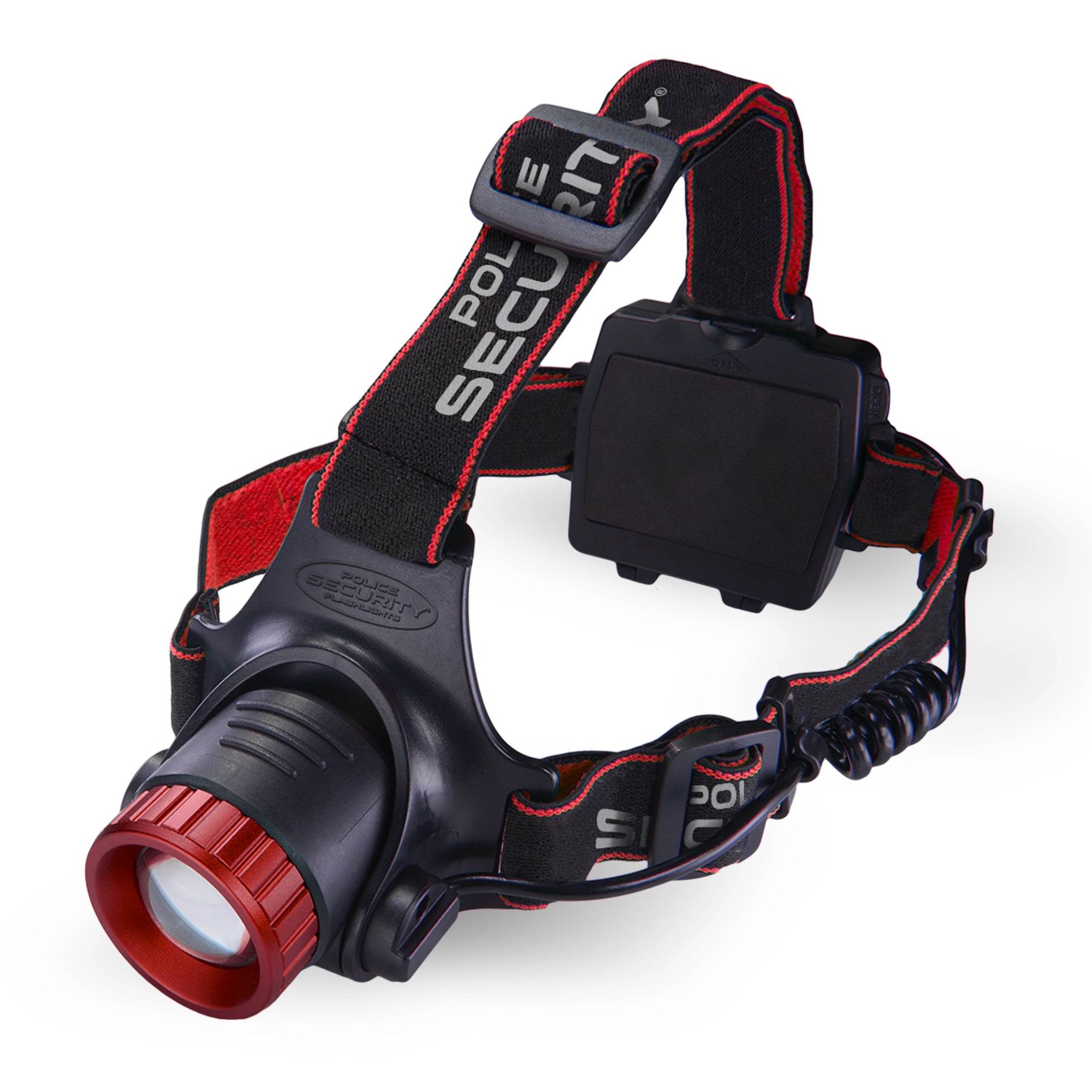an image of a red and black Police Security headlamp